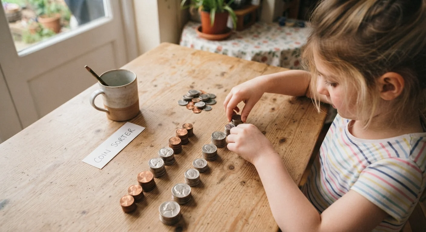 A small pile of coins spread across a table with a child sorting them into stacks by value, soft natural light, close overhead shot showing the coins clearly organized.