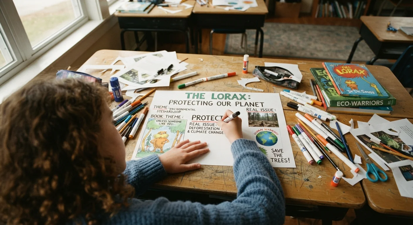 Student making a poster about a book's theme, with markers and printed pictures spread across a desk