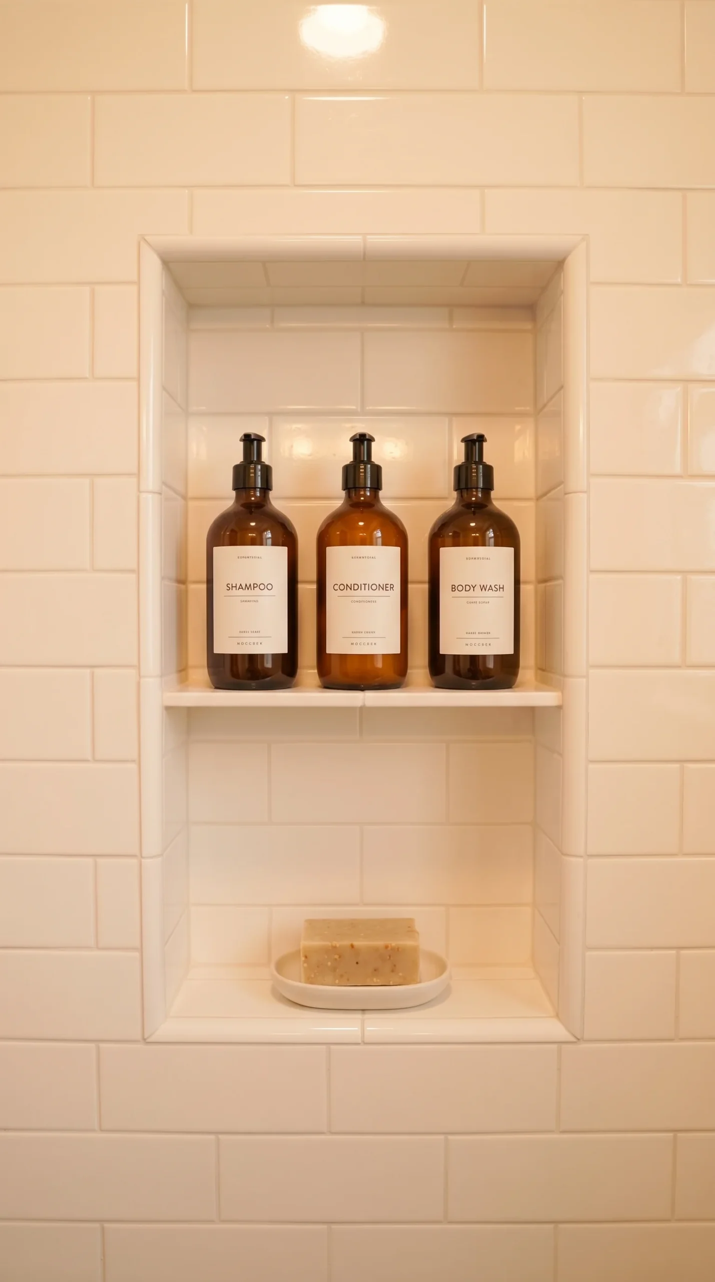 A recessed shower niche built into the tiled wall, holding shampoo bottles and a bar of soap on two clean shelves, warm bathroom light reflecting off the tile, close straight-on shot emphasizing the niche's flush architectural integration.