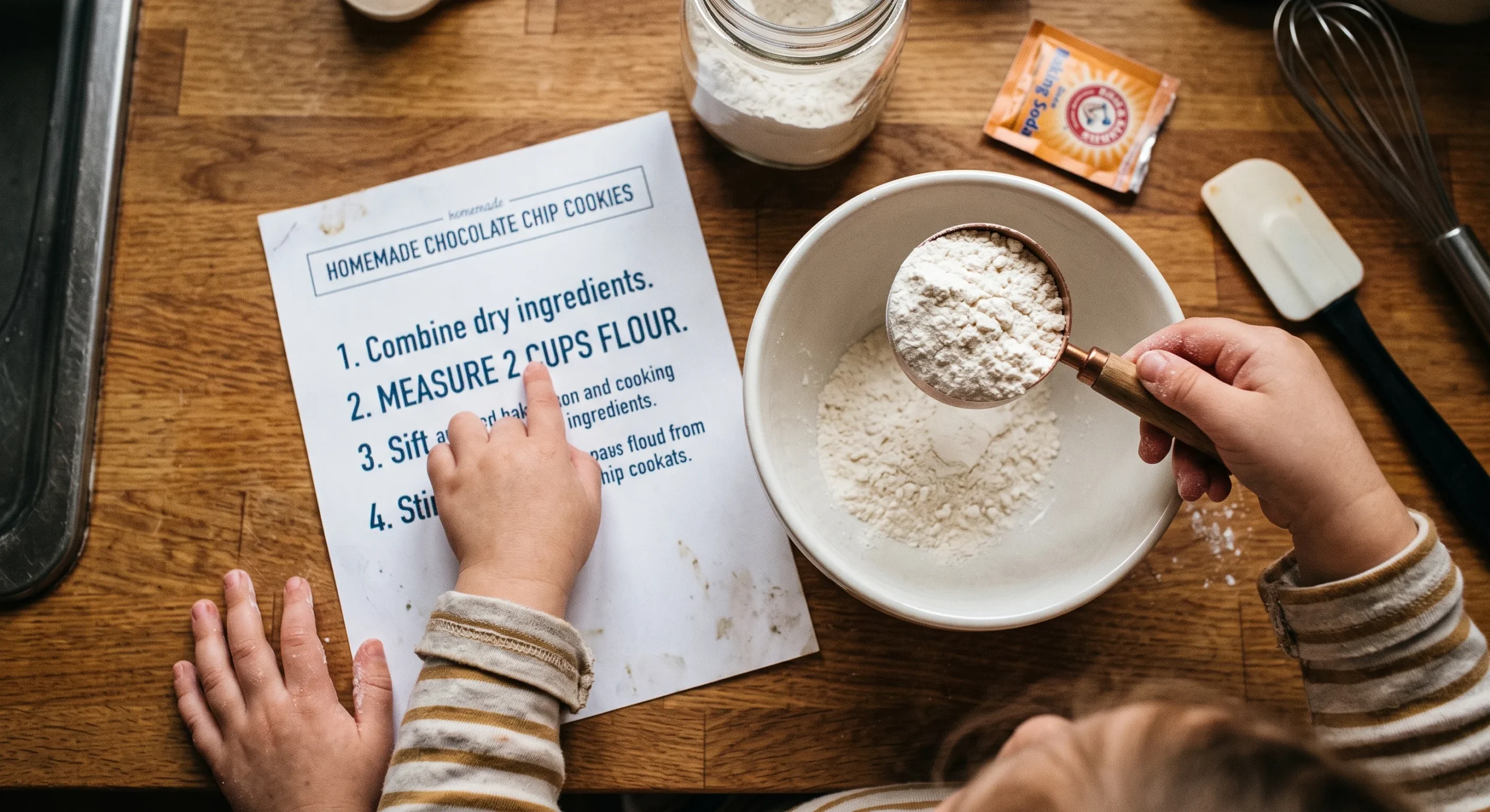 A child's hands following along a printed recipe card with a finger while measuring flour into a bowl, warm kitchen light, close overhead shot showing both the recipe text and the measuring in progress.