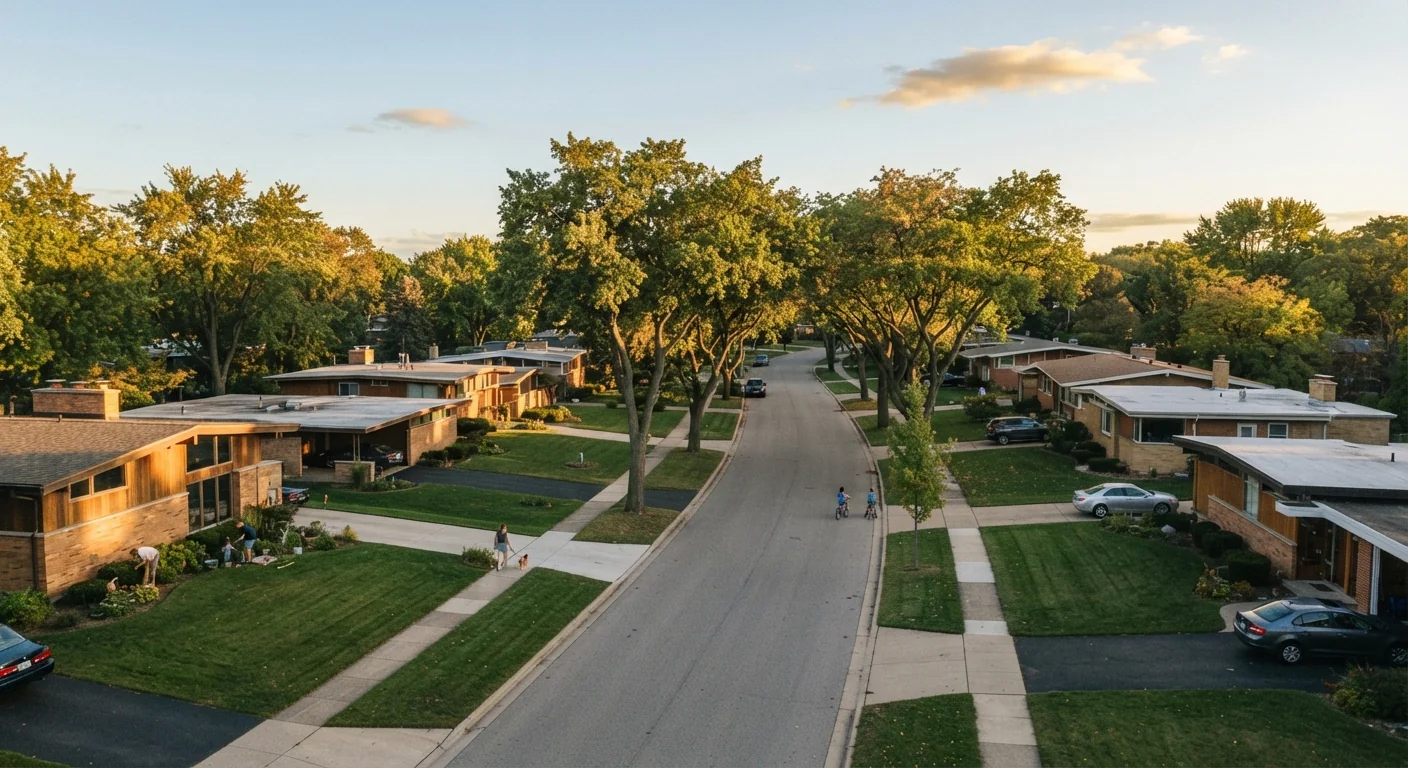 Wide aerial-style photograph of a suburban neighborhood street lined with mid-century ranch homes, mature trees along the sidewalk, warm late-afternoon sunlight, documentary suburban architectural photography composition.