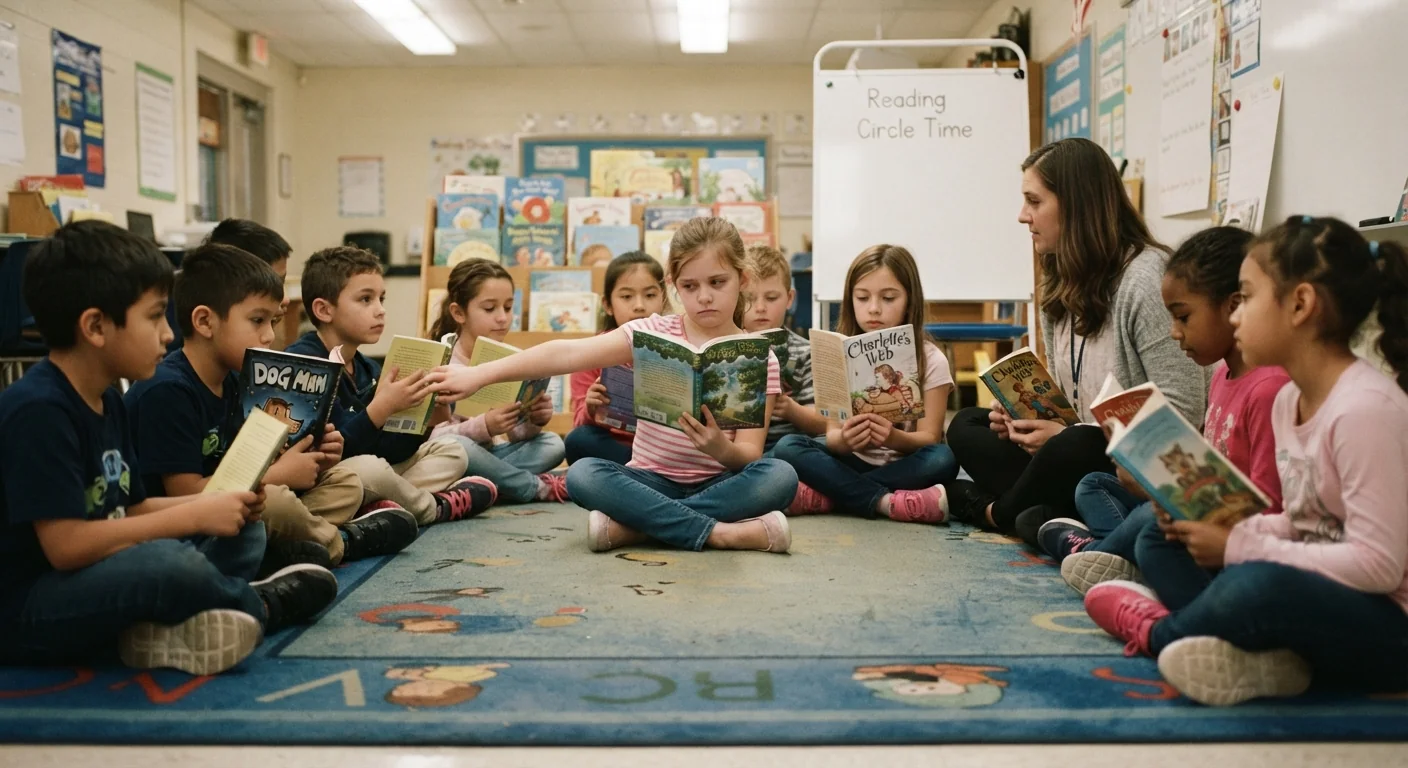 A child holding a book slightly away from their body during a classroom reading circle, other students nearby with books held closer, soft overhead classroom light, wide shot emphasizing the physical distance and hesitation.