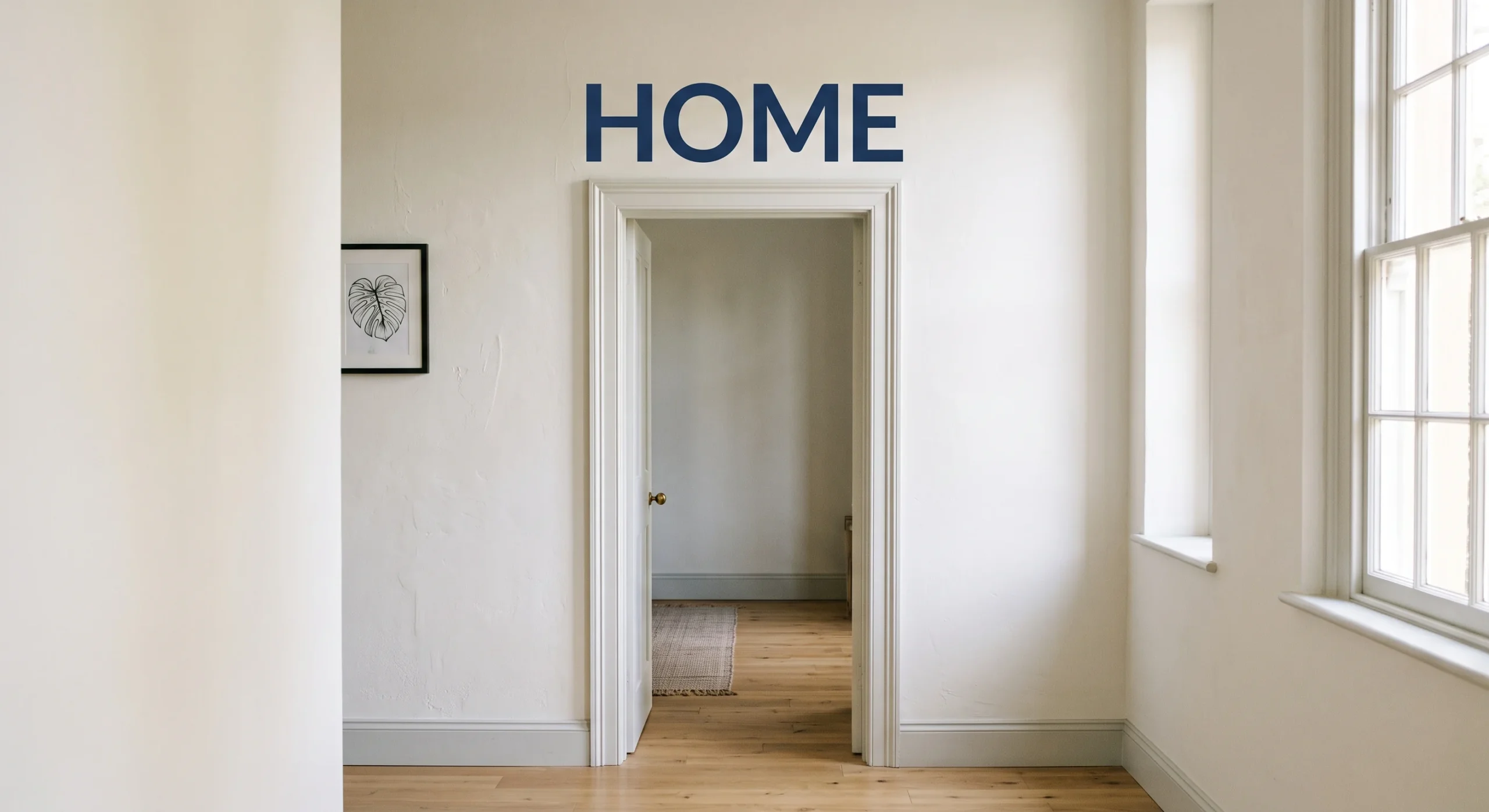 A short single-word vinyl decal lettering applied above a doorway on a pale hallway wall, soft daylight from a nearby window, minimal styling, straight-on shot showing the clean edges of the applied lettering.