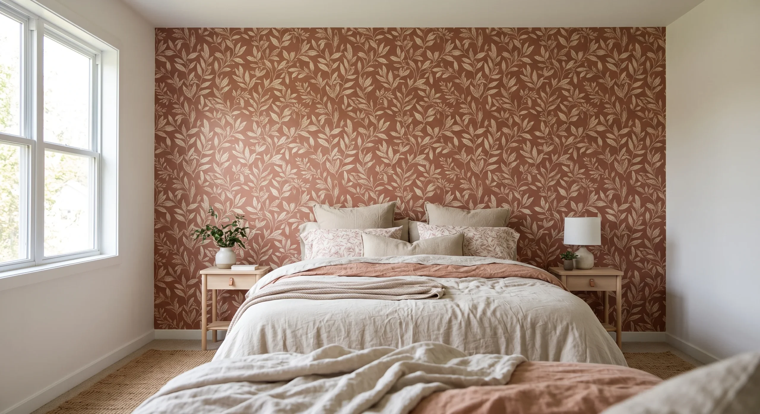 A single accent wall behind a bed covered in a soft botanical peel-and-stick wallpaper, matte terracotta and cream tones, natural window light from the side, linen bedding in the foreground, wide shot showing the seam alignment between panels.