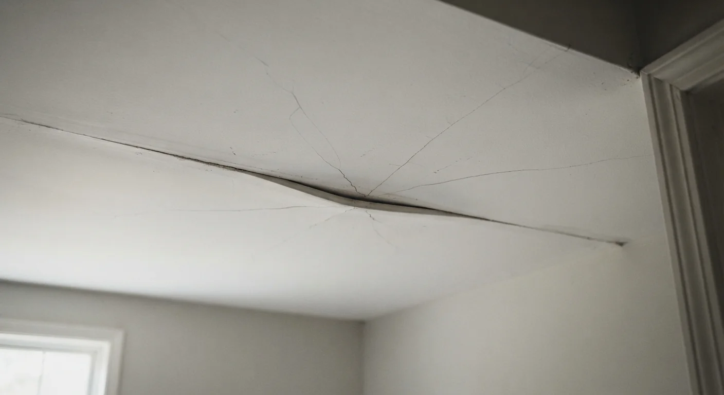 Close-up shot of a visibly sagging ceiling drywall seam near where an interior wall was previously removed, subtle crack lines radiating outward, soft interior lighting highlighting the structural stress point, documentary renovation photography.