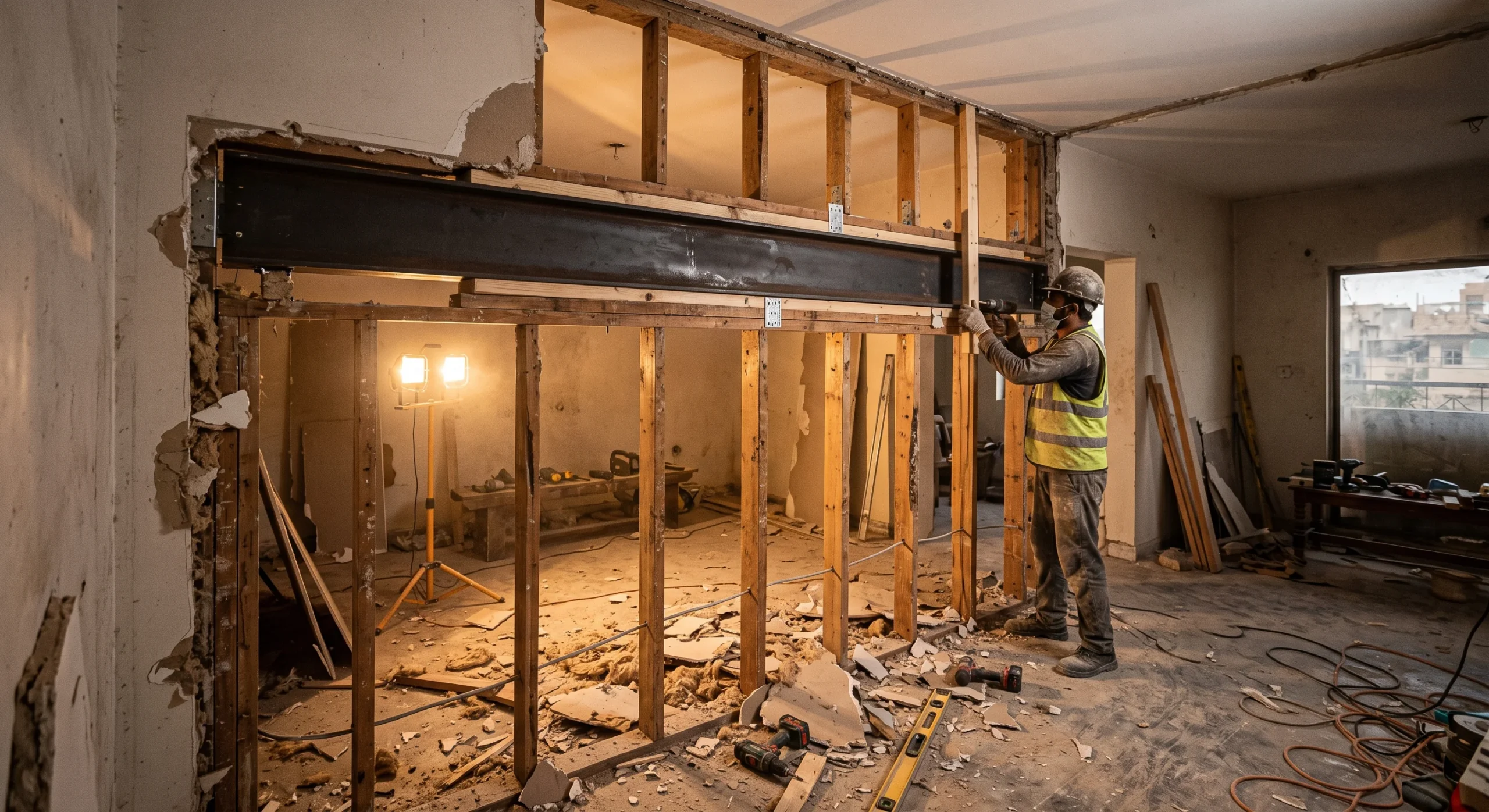 A partially demolished interior wall exposing wood framing and a steel support beam mid-installation during a home renovation, construction dust visible, warm work-light illumination, wide shot capturing the structural work in progress.