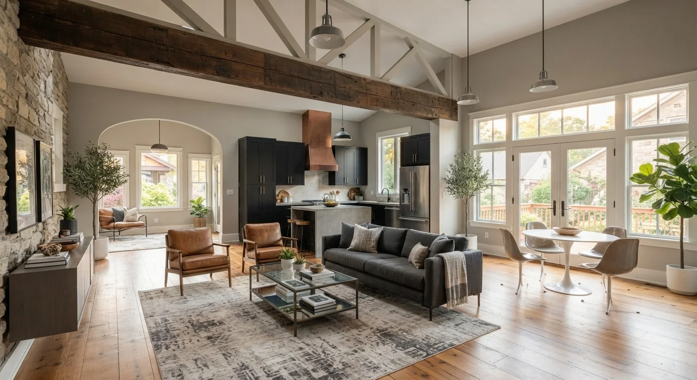 Wide interior photograph of an open-concept renovated living space with a visible structural beam overhead, natural light flooding in from large windows, modern furnishings blended with original architectural character, editorial renovation photography style.