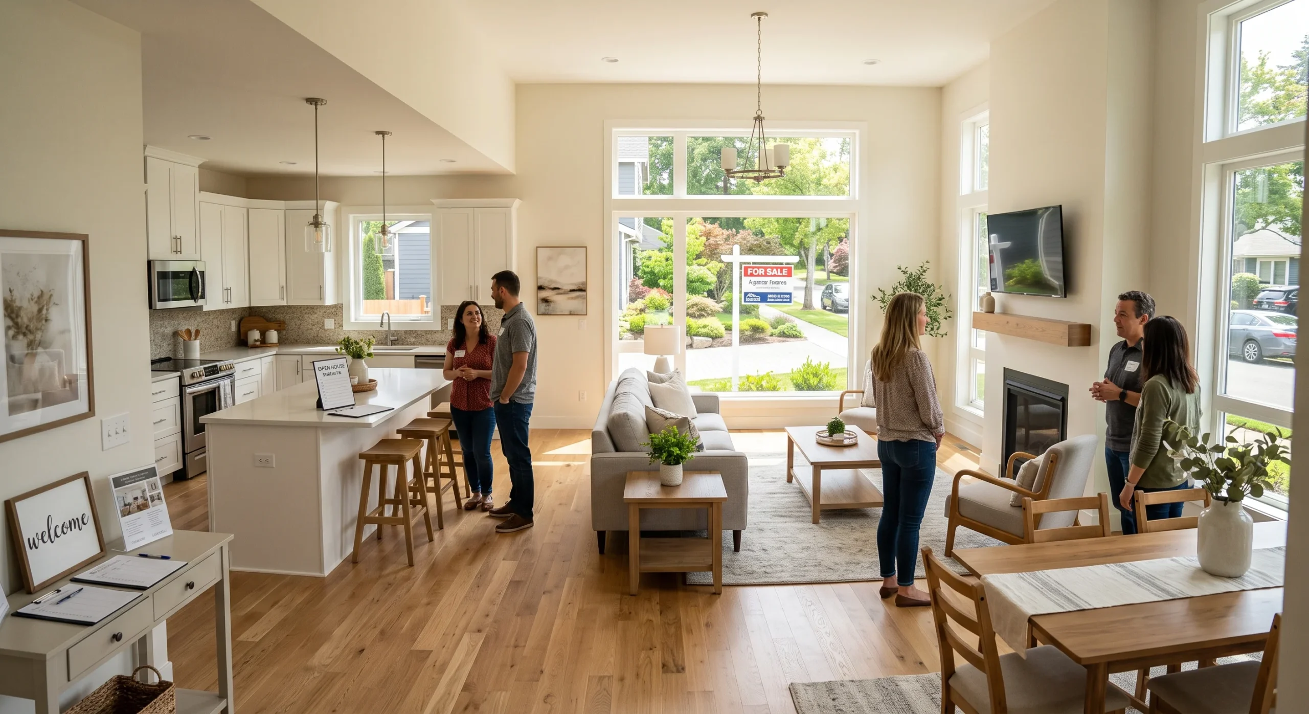 A real estate open house scene showing a bright open-concept living and kitchen area with a 'For Sale' sign visible through the window, warm daylight, wide shot suggesting broad buyer appeal and market readiness.
