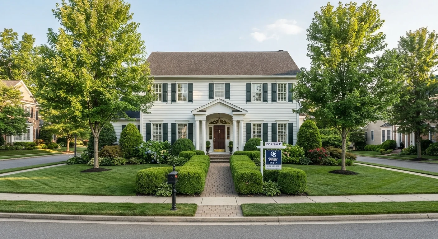 Wide exterior photograph of a well-maintained Colonial home with manicured landscaping and a for-sale sign visible near the front walkway, warm daylight, clean real estate photography composition emphasizing curb appeal.