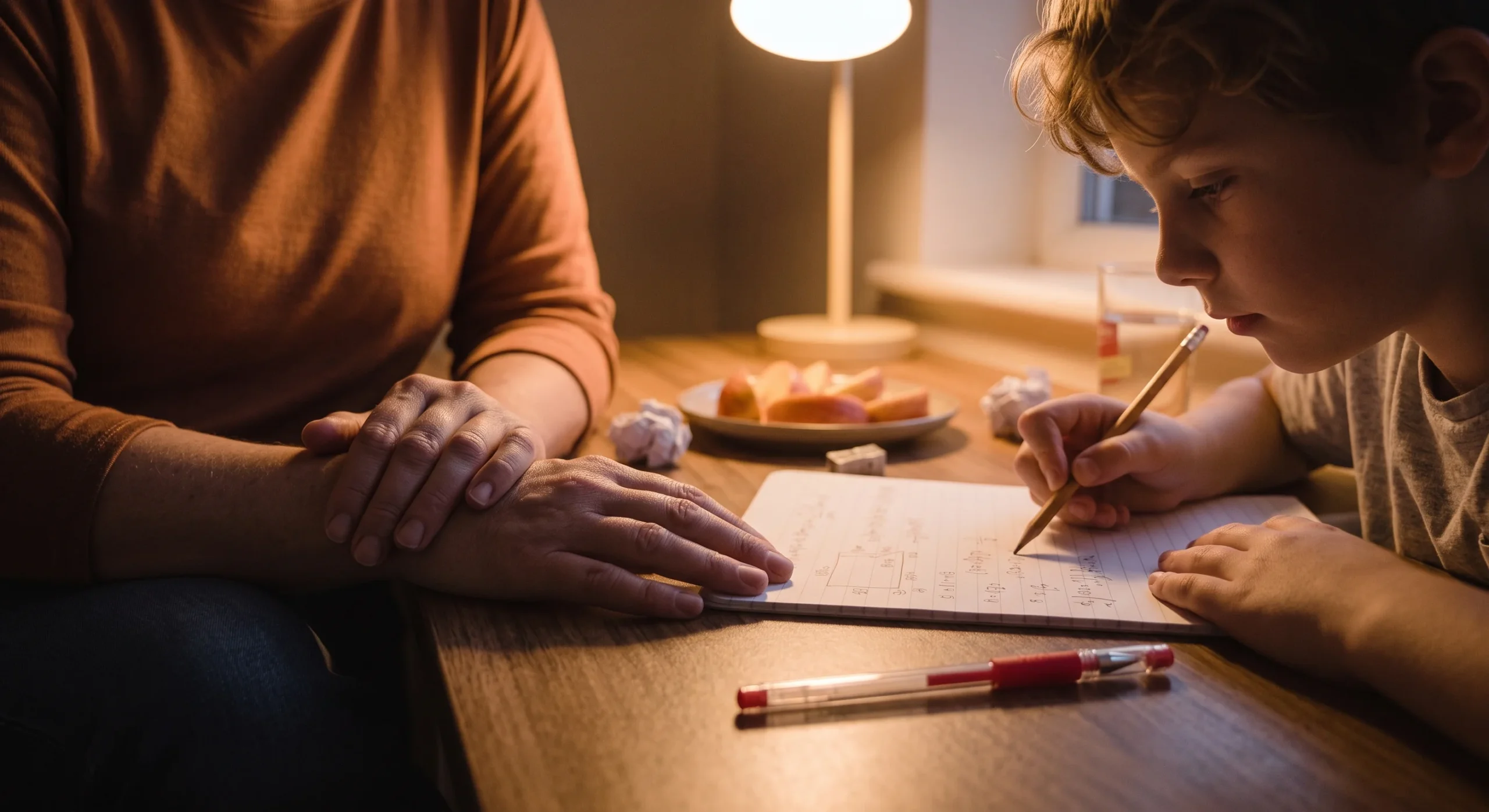 A parent's hands folded in their lap, deliberately not reaching for a red pen resting nearby, a child independently reviewing their own worksheet, warm table light, close shot emphasizing the folded hands and the untouched pen.