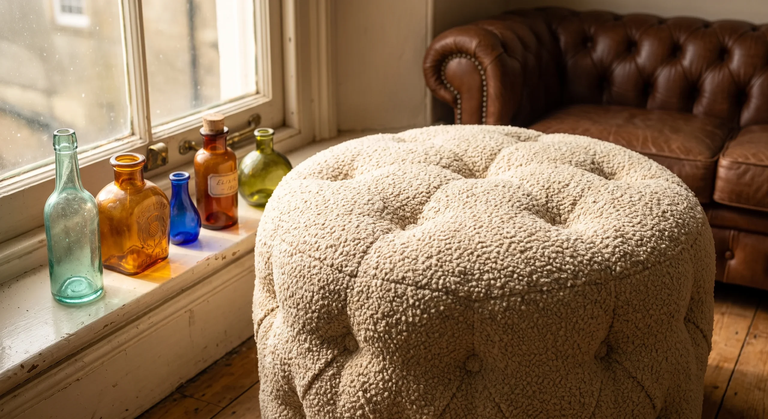 A round tufted ottoman freshly reupholstered in warm cream boucle fabric, positioned in front of a sofa, soft natural light emphasizing the fabric's texture and the ottoman's rounded silhouette, close angled shot.