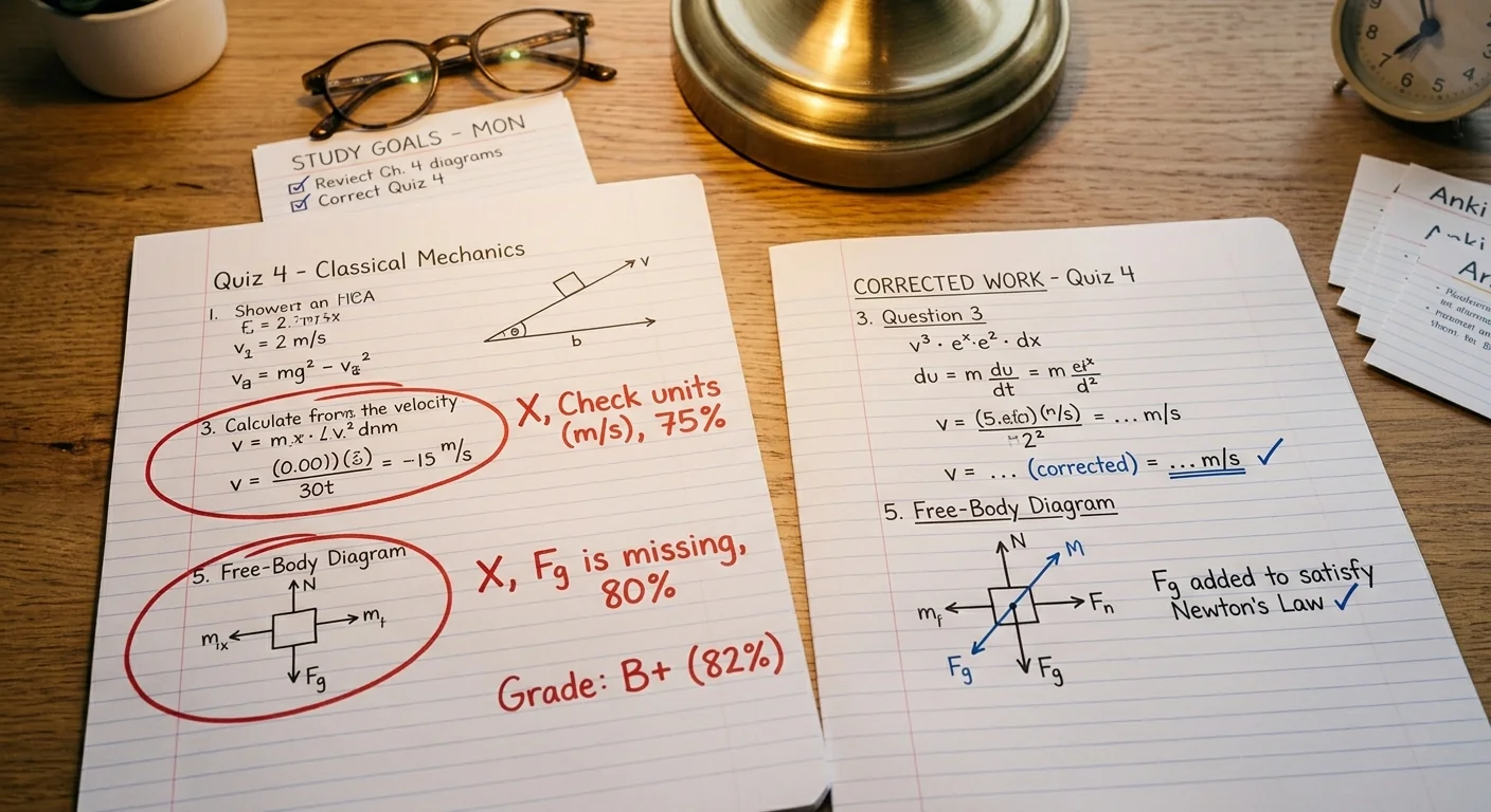 A graded quiz with a few incorrect answers circled in red, a fresh sheet of corrected work written beside it, warm desk light, close overhead shot emphasizing the deliberate correction process.