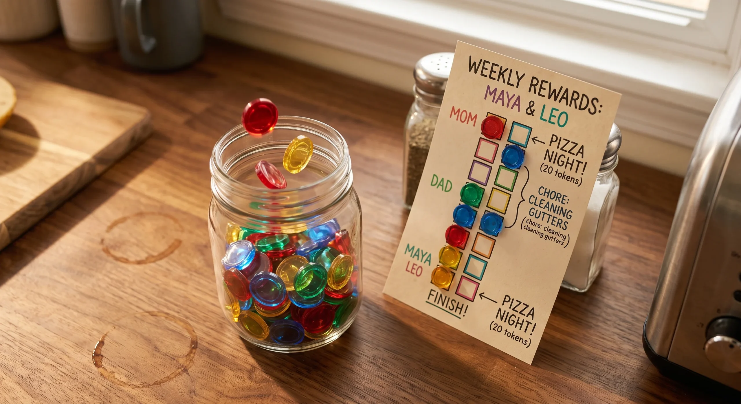 A small clear jar filling with colorful tokens beside a simple reward chart on a kitchen counter, warm natural light, close overhead shot emphasizing the accumulating tokens and the visible progress toward a goal.