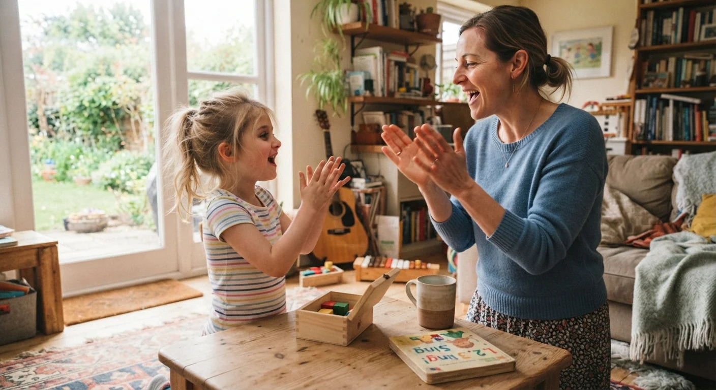 A child clapping along to a counting song with a parent, both mid-motion, bright playful light, wide shot capturing the movement and energy of the song.