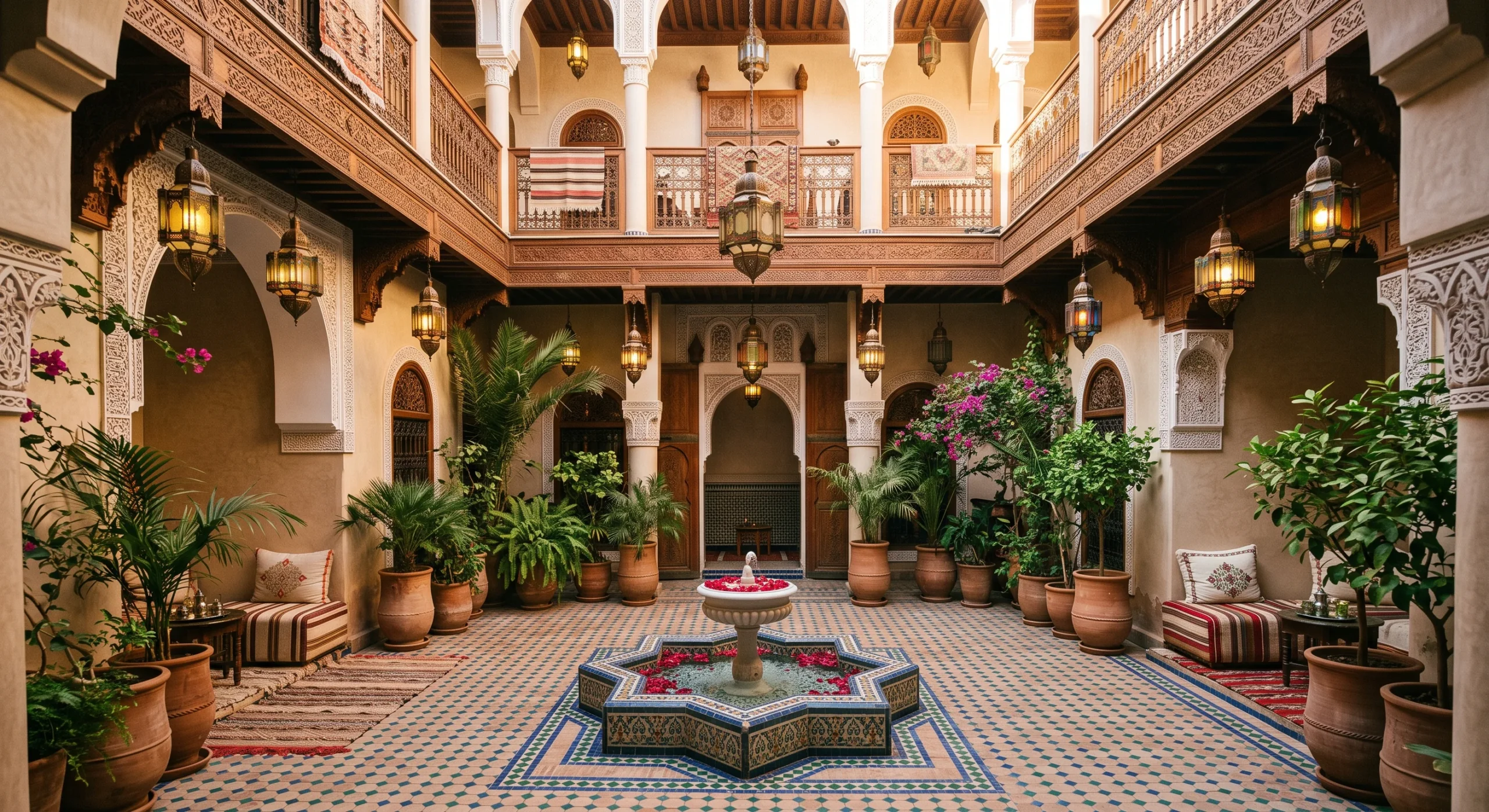 Interior courtyard of a traditional Moroccan riad, a small tiled fountain at the center, potted plants and hanging lanterns, ornate carved wooden balconies overlooking the open-air space, warm intimate architectural documentary composition.