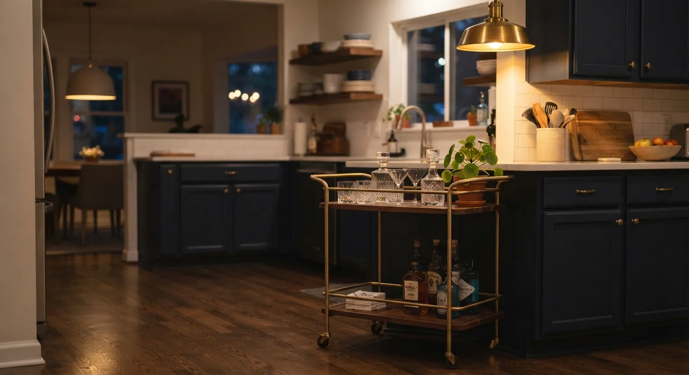 Wide establishing shot of a rolling bar cart repositioned beside a kitchen counter, glassware and a small plant on its shelves, warm lamp light glowing in the evening kitchen setting.