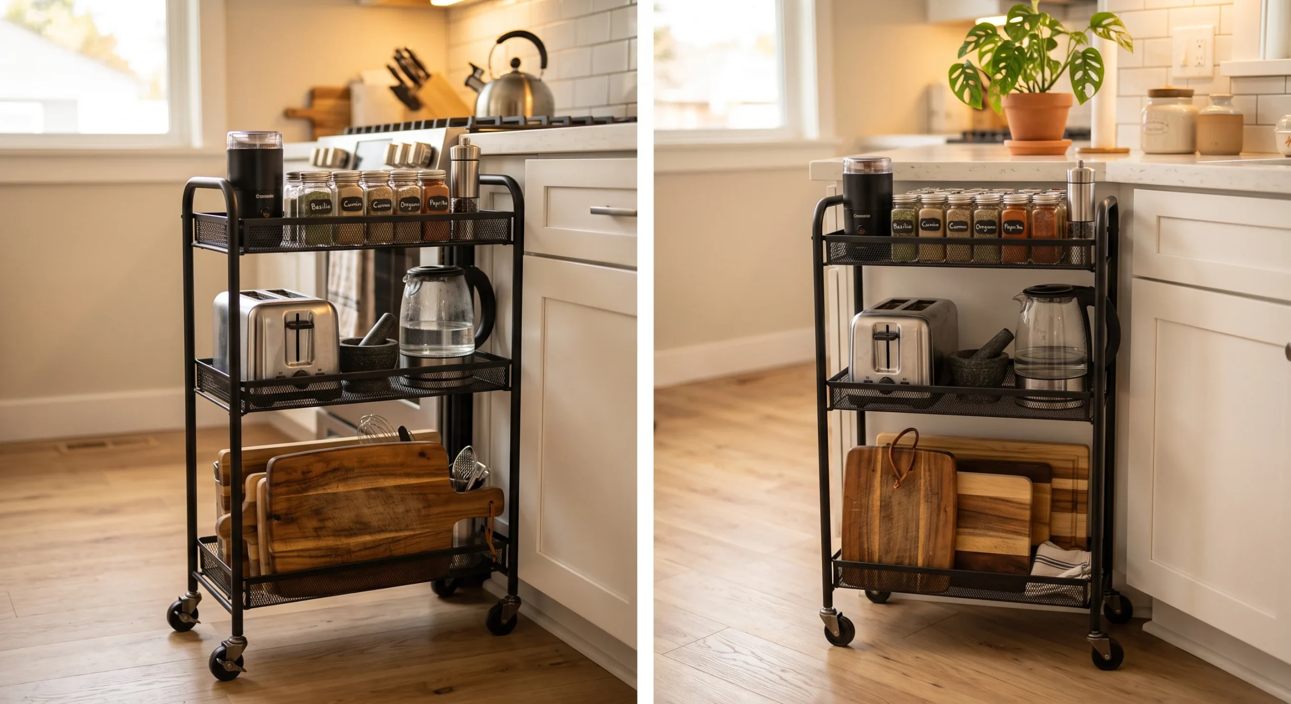 A slim three-tier rolling metal cart positioned beside a kitchen counter, holding spices, small appliances, and a cutting board, warm kitchen light, close side-angle shot emphasizing the cart's narrow footprint and wheels.