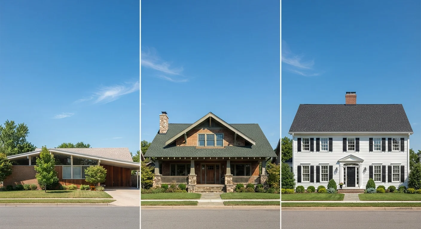 Wide comparison photograph of three home rooflines against a clear blue sky: a low-pitched ranch roofline on the left, a Craftsman gable roof with wide overhanging eaves in the center, and a steep symmetrical Colonial gable roof on the right, clean architectural photography with consistent lighting across all three.