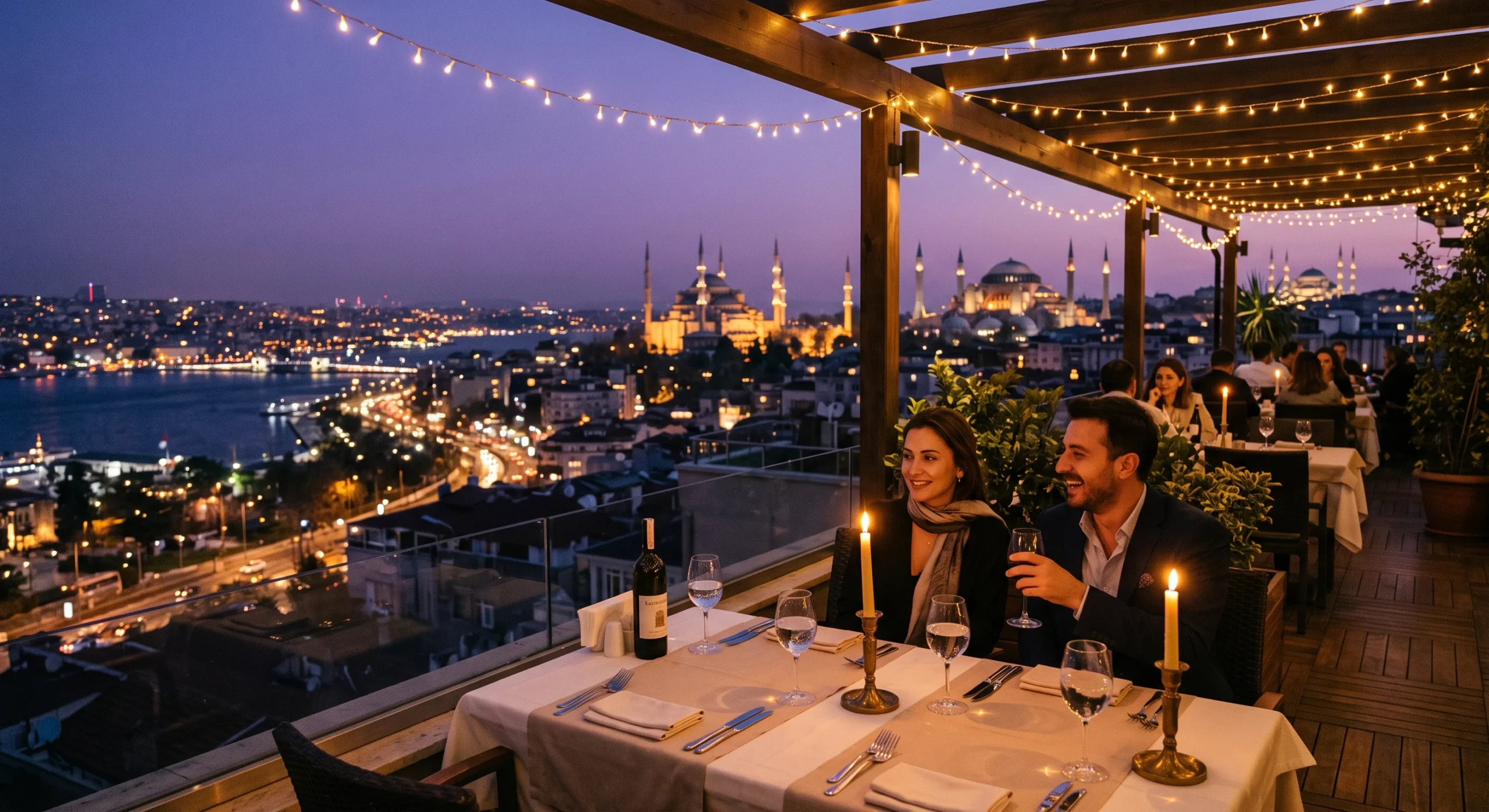 Rooftop restaurant terrace at dusk overlooking Istanbul's illuminated skyline, string lights overhead, a set dinner table with warm candlelight, mosque silhouettes visible in the distance against a fading purple sky, romantic evening documentary composition.