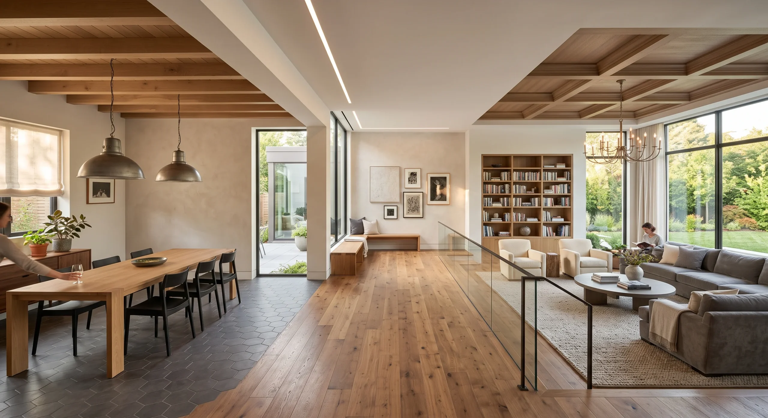 An open floor plan with three distinct zones defined by ceiling treatment, flooring transition, and furniture grouping, a step-down living area, soft afternoon light, wide overhead-angle shot emphasizing the layered zoning cues.