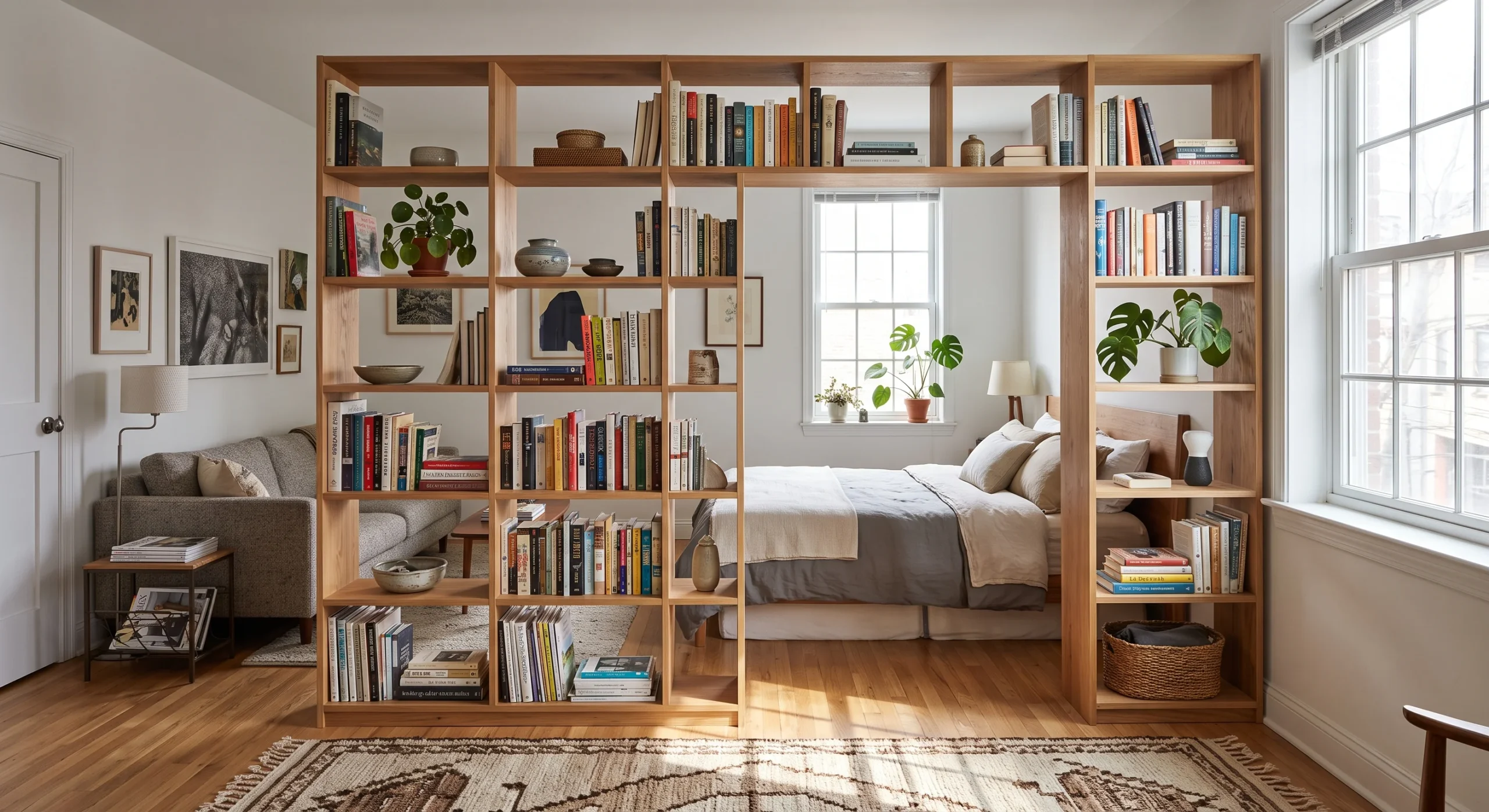 An open-backed bookcase used as a room divider between a living area and sleeping nook, filtered daylight passing through the shelving gaps onto a rug below, wide shot showing both zones partially visible through the shelf structure.