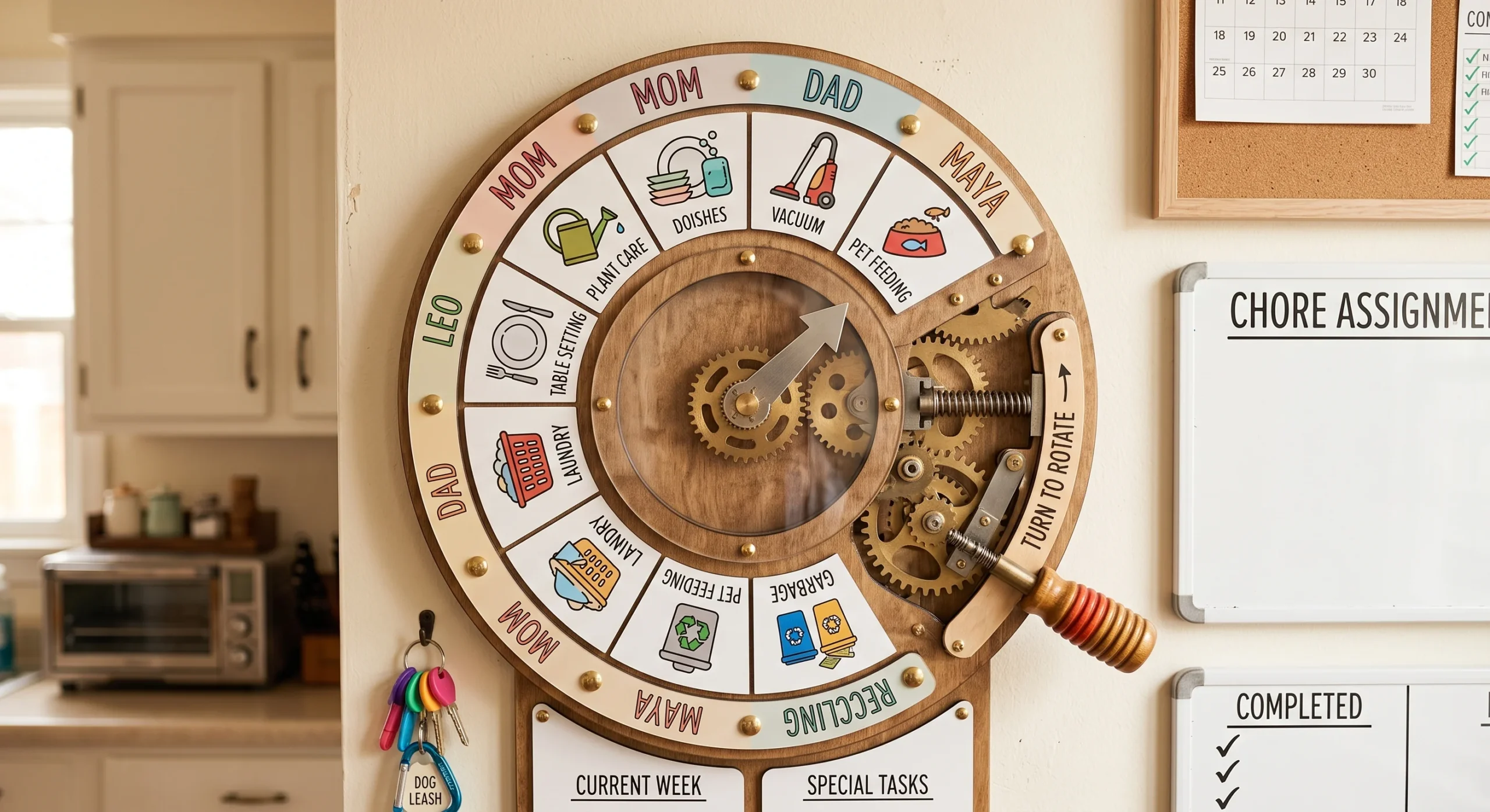 A wheel-shaped rotating chore chart with family member names and task icons arranged around the edge, mounted on a kitchen wall, warm natural light, close straight-on shot emphasizing the rotating mechanism.