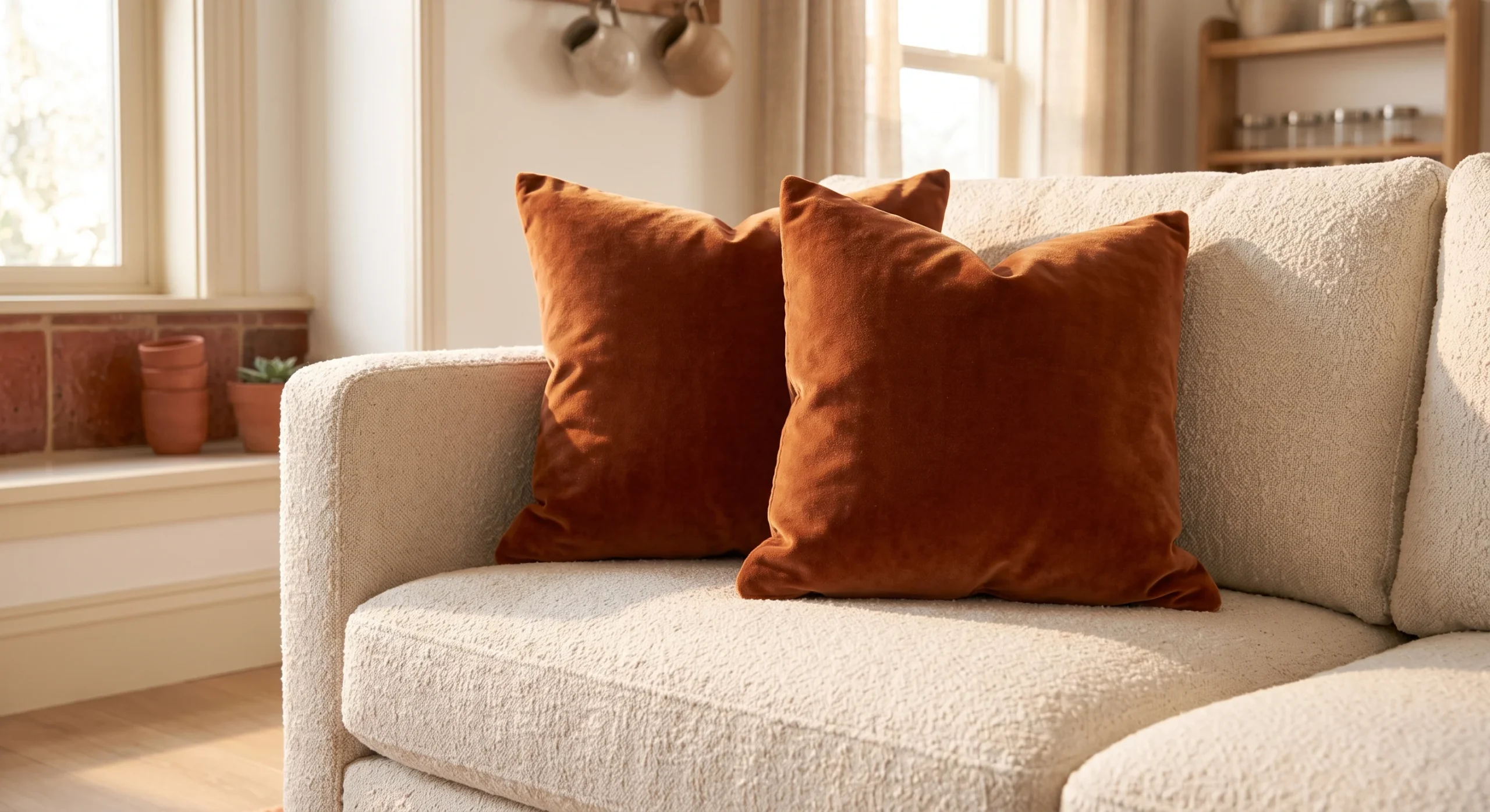 Two rust-toned velvet cushions arranged on a cream linen sofa, warm afternoon light catching the velvet's soft sheen, close angled shot emphasizing the fabric's rich texture and color depth.