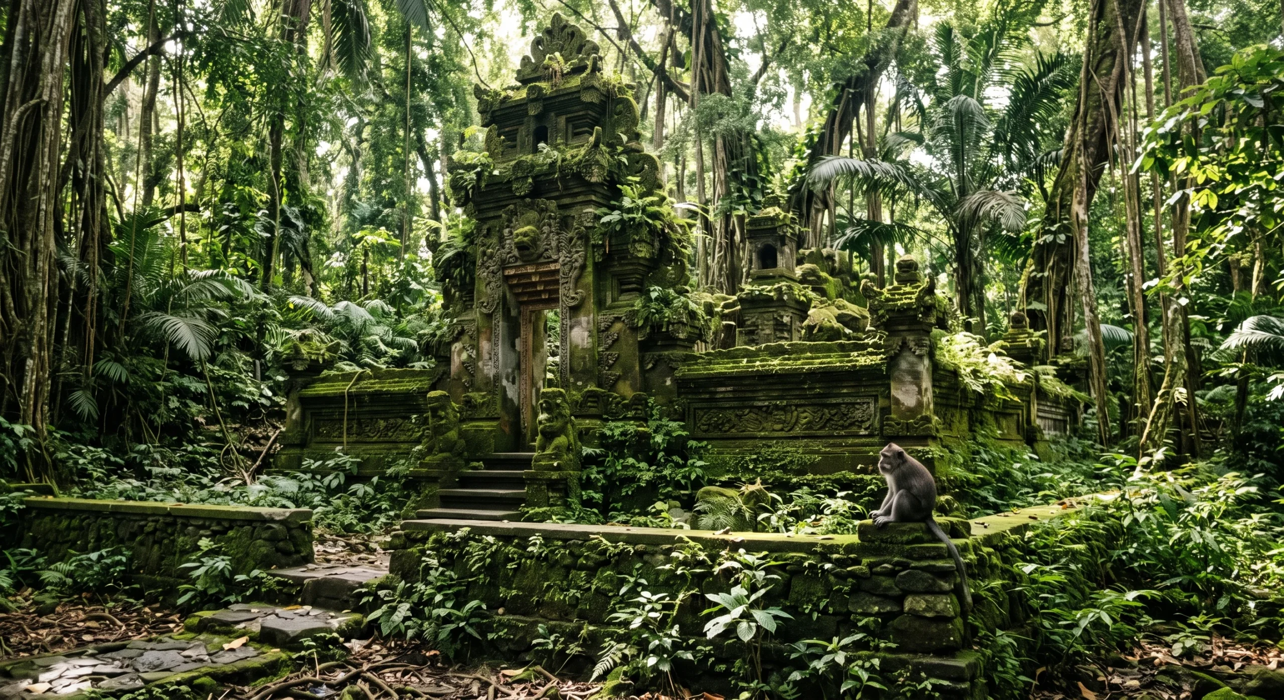A moss-covered stone temple ruin within a dense green forest canopy, dappled sunlight filtering through the trees, a monkey perched calmly on a nearby stone wall, quiet and atmospheric composition emphasizing texture and age over action.