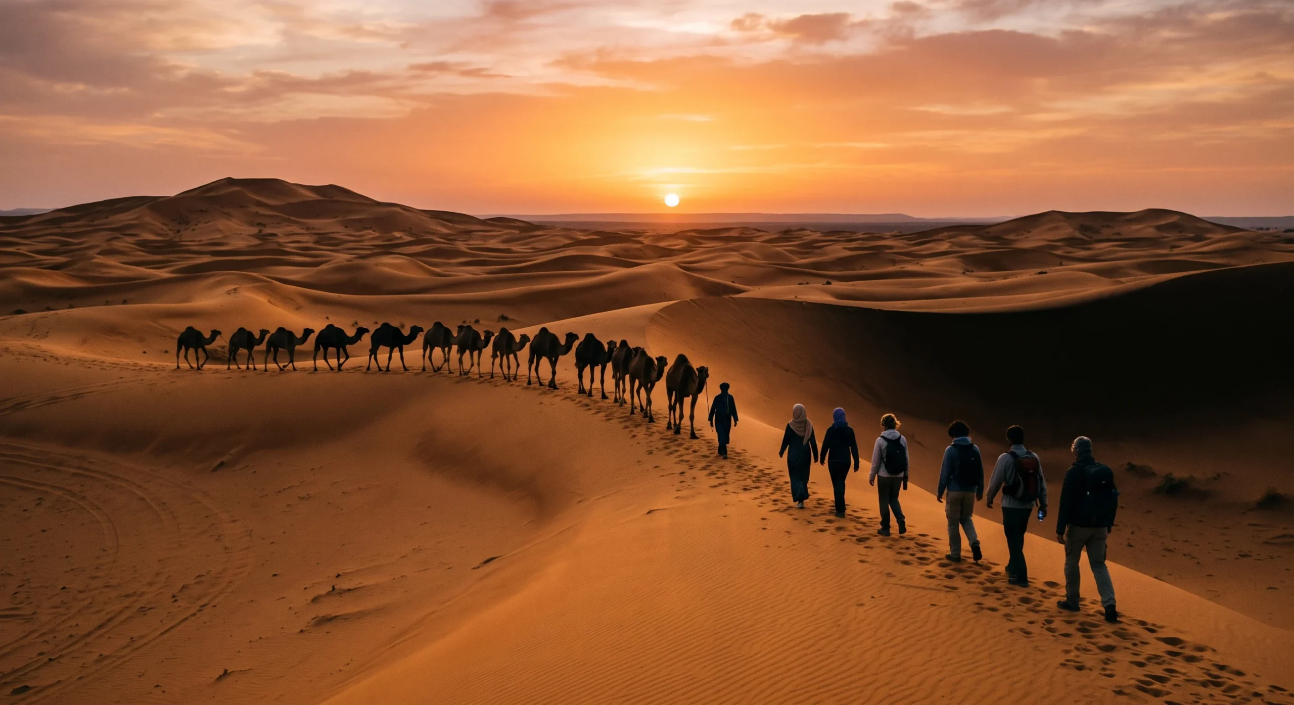 Wide shot of golden Sahara sand dunes at sunset, a line of camels silhouetted against the warm orange sky, a small group of travelers walking alongside, expansive desert landscape documentary composition.