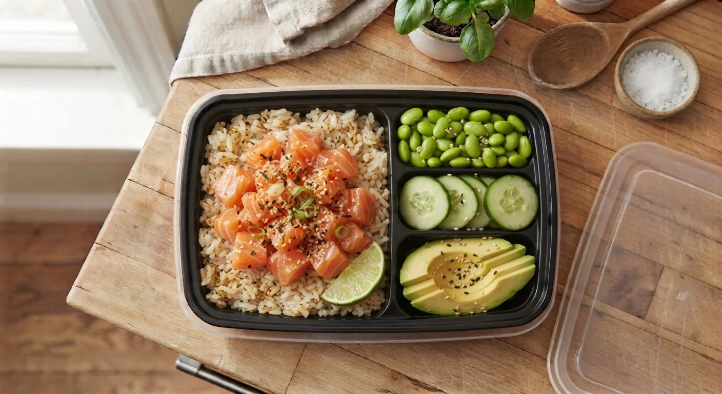 Overhead shot of a poke bowl meal prep container with cubed raw or seared salmon, sushi rice, edamame, cucumber, and avocado, sesame seeds sprinkled on top, bright natural light, fresh clean food photography composition.