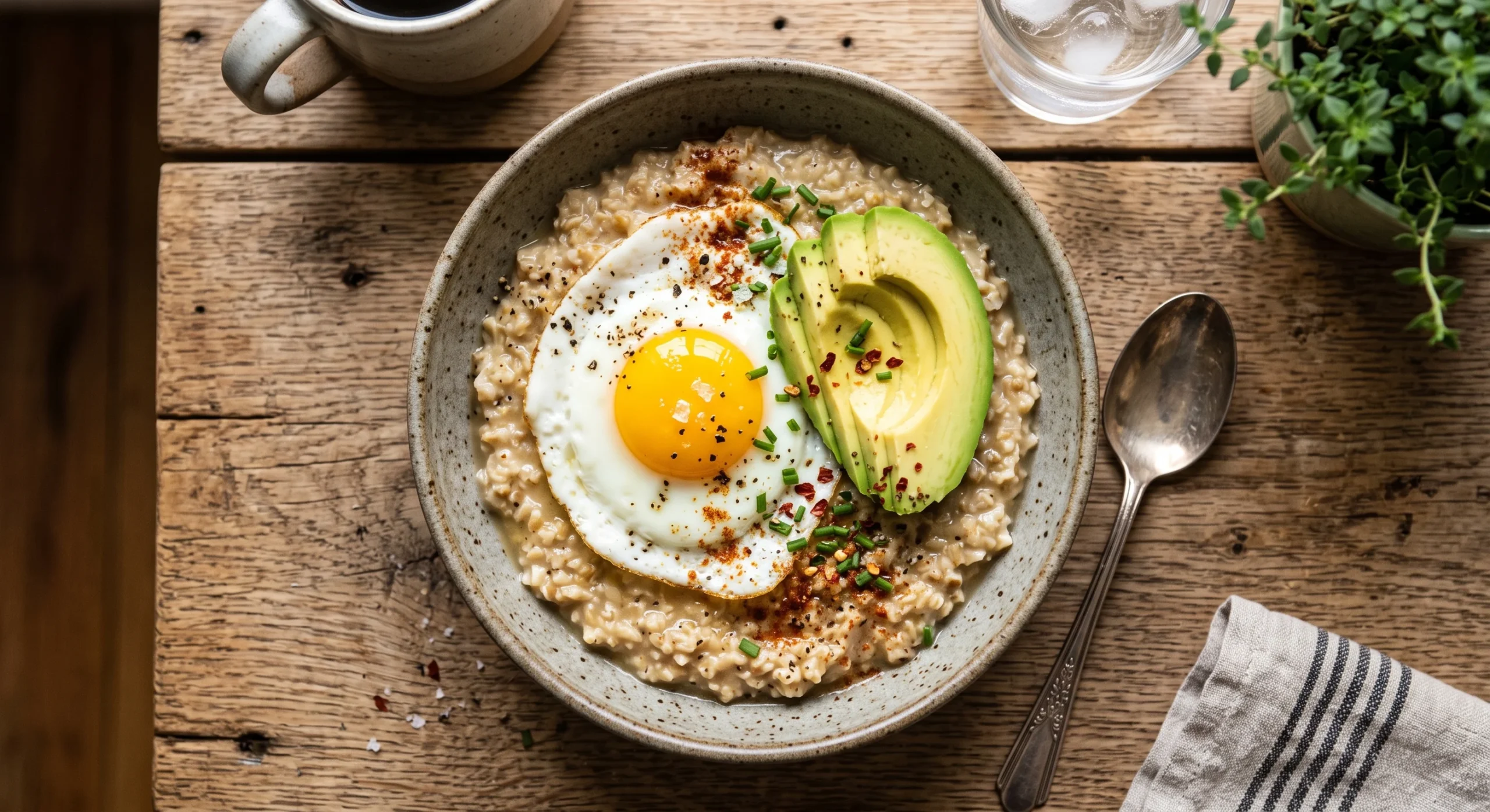 A bowl of savory oatmeal topped with a fried egg, sliced avocado, and a sprinkle of seasoning, warm natural light, close appetizing overhead composition on a rustic wooden table.