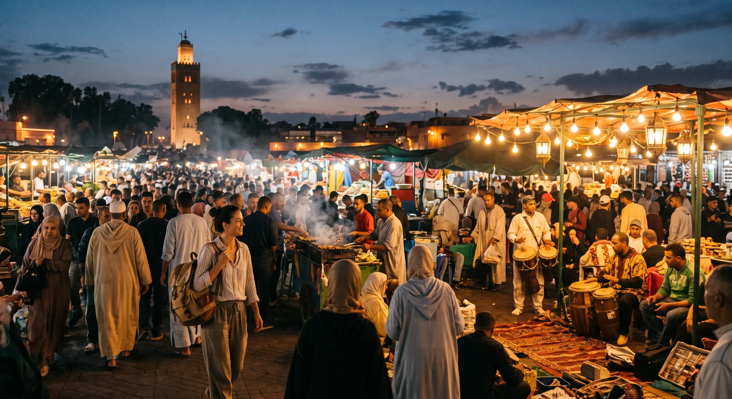 Wide shot of a busy Marrakech square at dusk, street performers and vendors setting up under string lights, a traveler navigating confidently through the crowd, warm bustling atmospheric documentary composition.