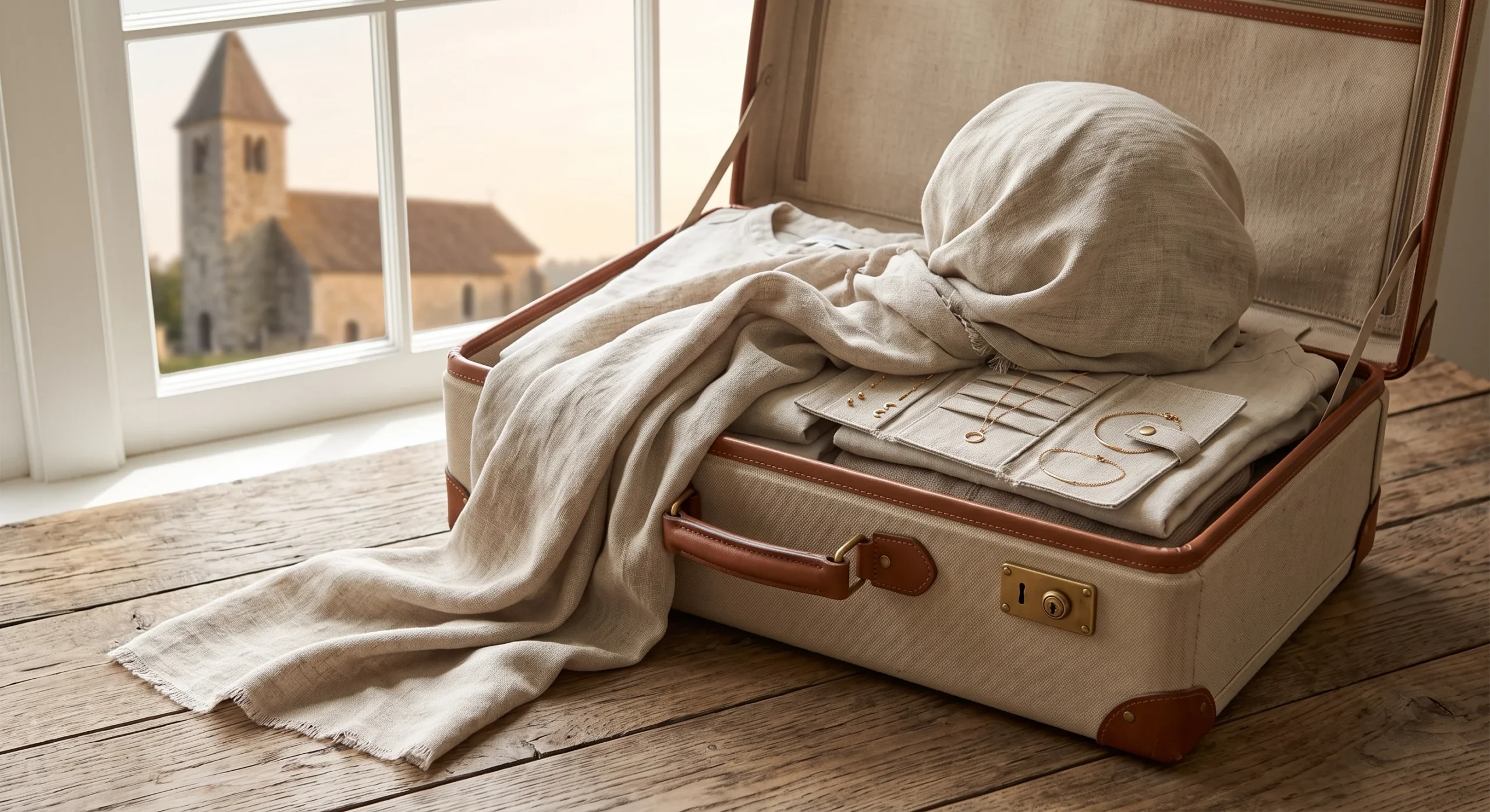 A large neutral-toned scarf draped over an open suitcase, one end trailing artfully, soft window light, a small church visible through the background window suggesting its use as a head covering, warm styled composition.