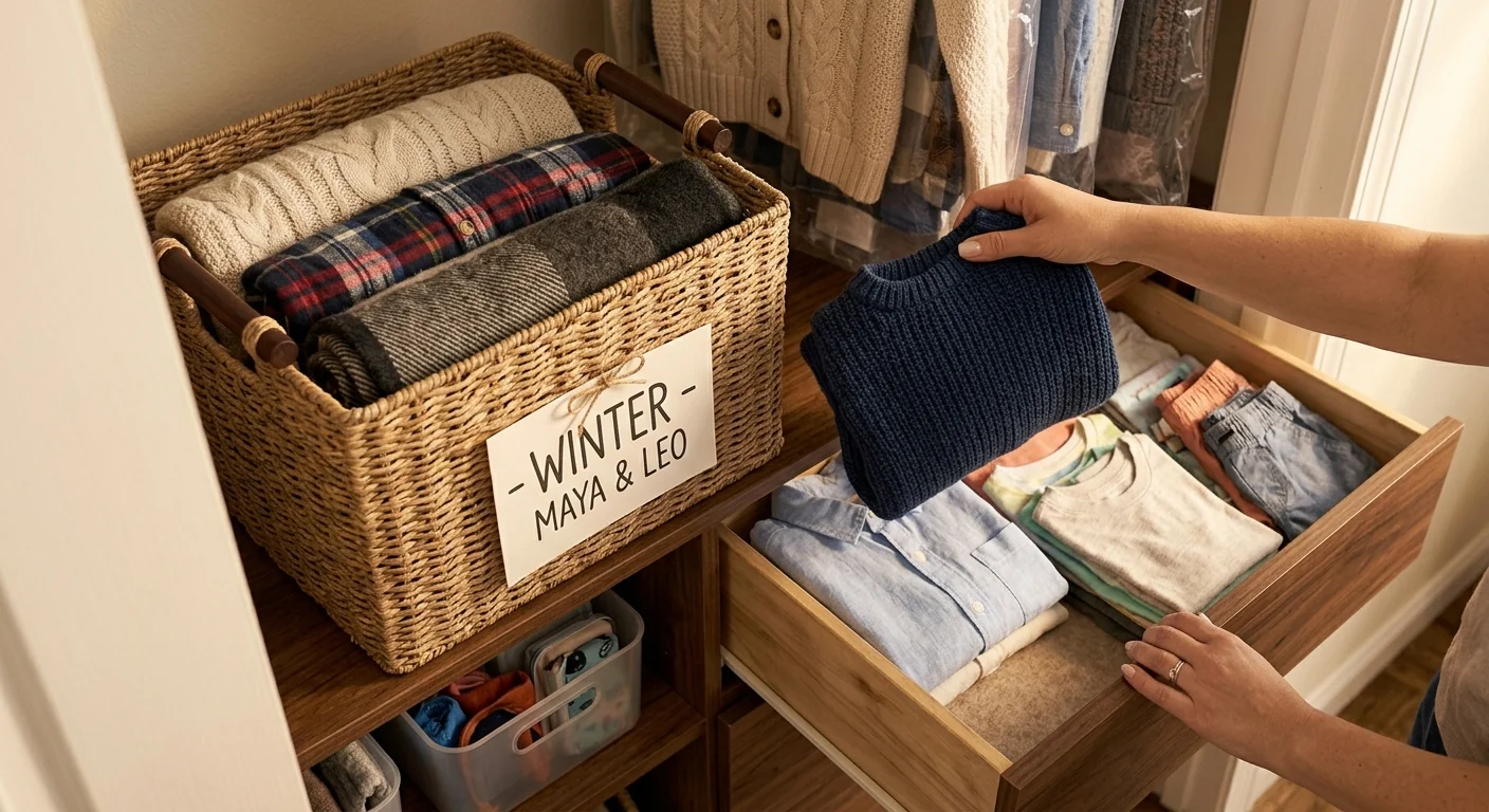 A labeled storage bin holding out-of-season clothing being swapped with an open closet drawer, warm bedroom light, close overhead shot emphasizing the seasonal swap in progress.
