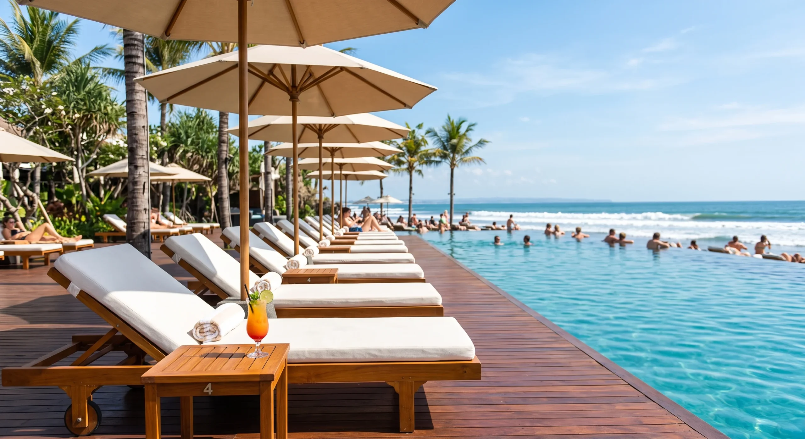 A row of sunbeds beside an infinity pool overlooking the ocean at a Seminyak beach club, bright midday sun, tropical umbrellas, a cocktail on a side table, wide relaxed composition with no faces in sharp focus.