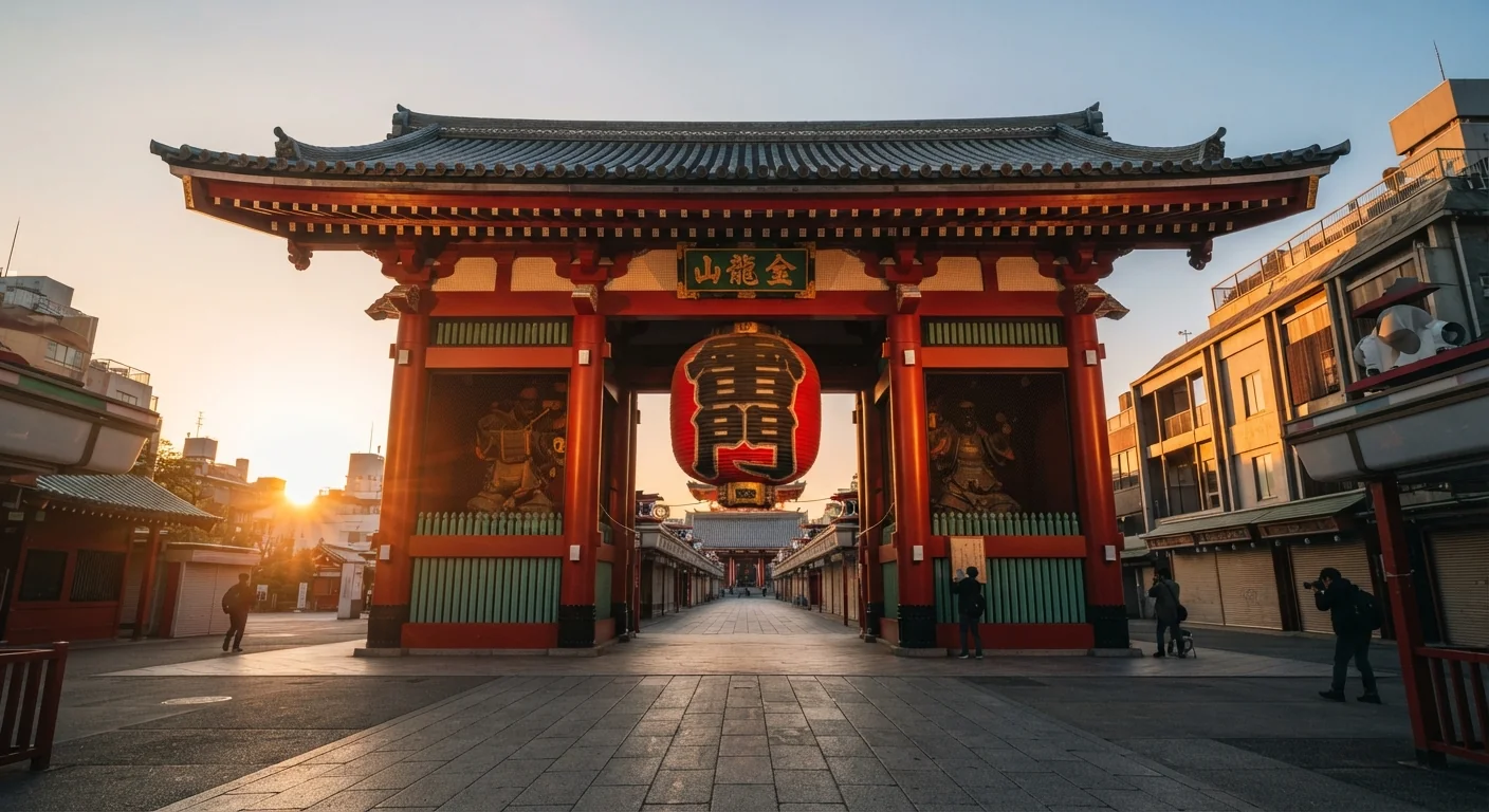 Early morning shot of Senso-ji's red Kaminarimon gate with soft golden sunrise light, minimal crowds, a paper lantern glowing faintly, cobblestone path leading toward the pagoda in the background, warm orange and red tones, wide-angle documentary composition.
