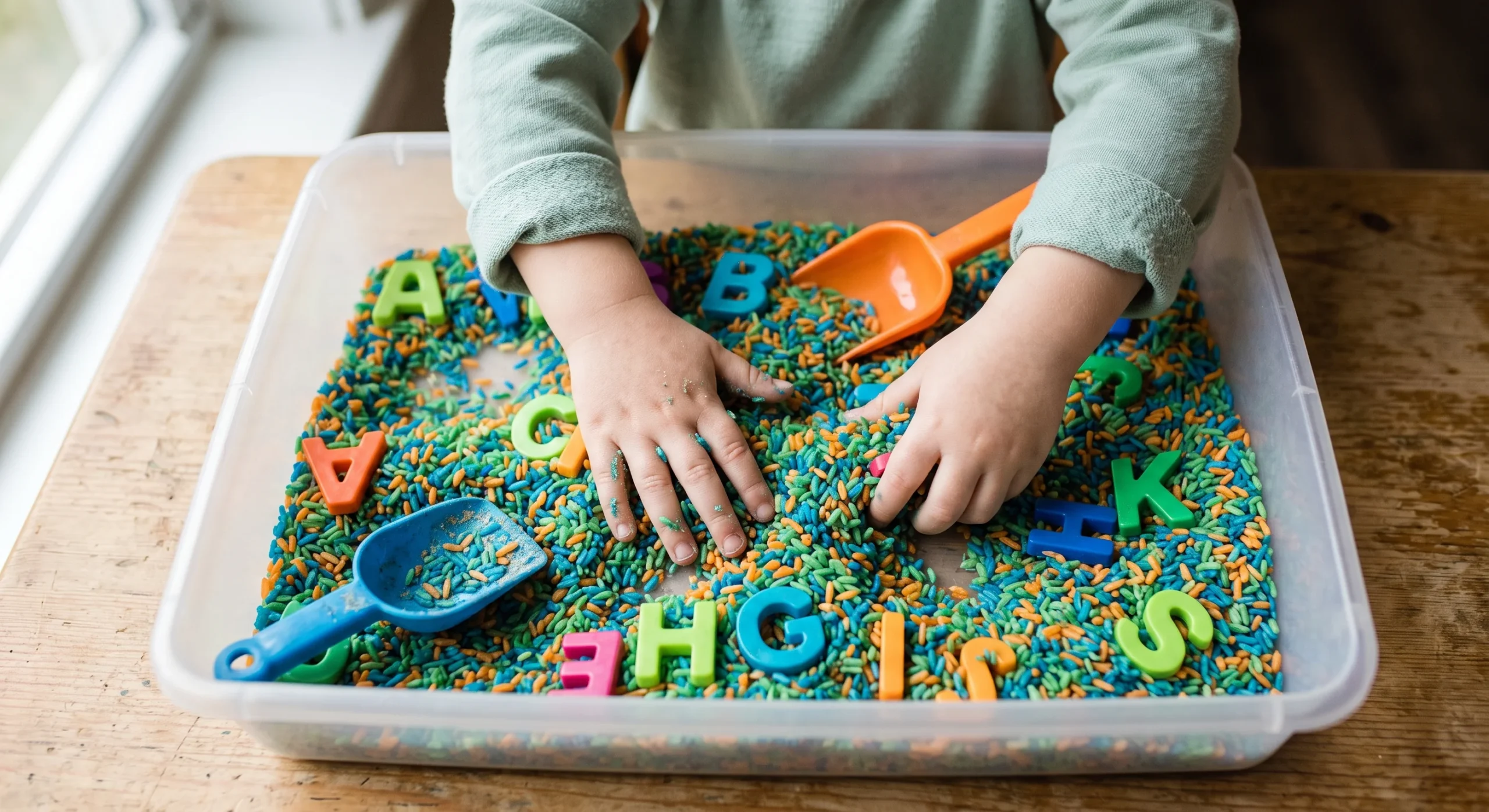 A shallow plastic bin filled with dyed rice, small scoops, and hidden plastic letters partially buried, a child's hands digging through the textured material, soft natural light, close overhead shot emphasizing the varied textures.