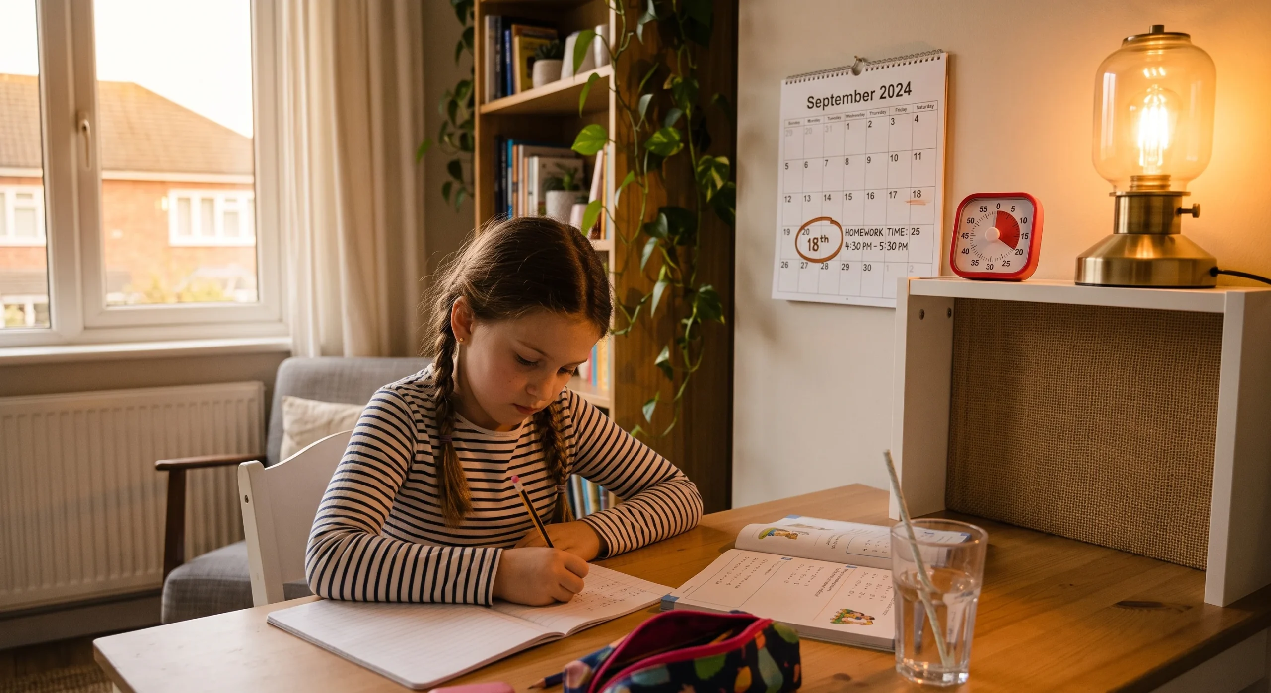 A wall calendar with a homework time block circled in colored marker beside a small desk with a lamp turned on, warm early-evening light, close angled shot emphasizing the calendar and the lit desk lamp.