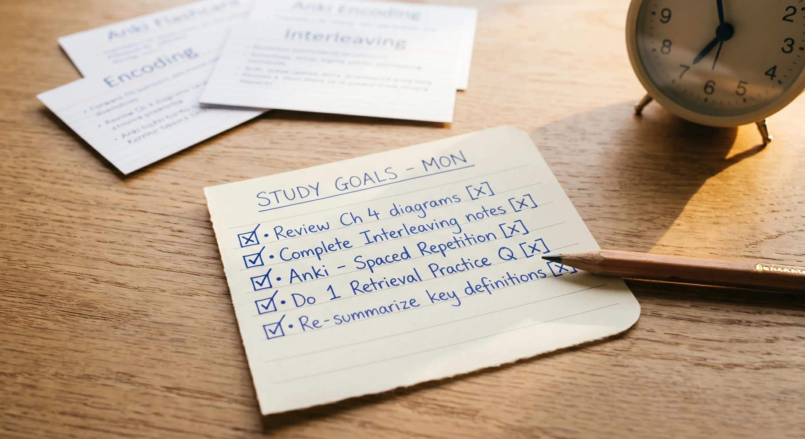 A small handwritten to-do list with specific study goals checked off one by one, a pencil resting on the final checkmark, warm afternoon light, close overhead shot emphasizing the completed checklist.