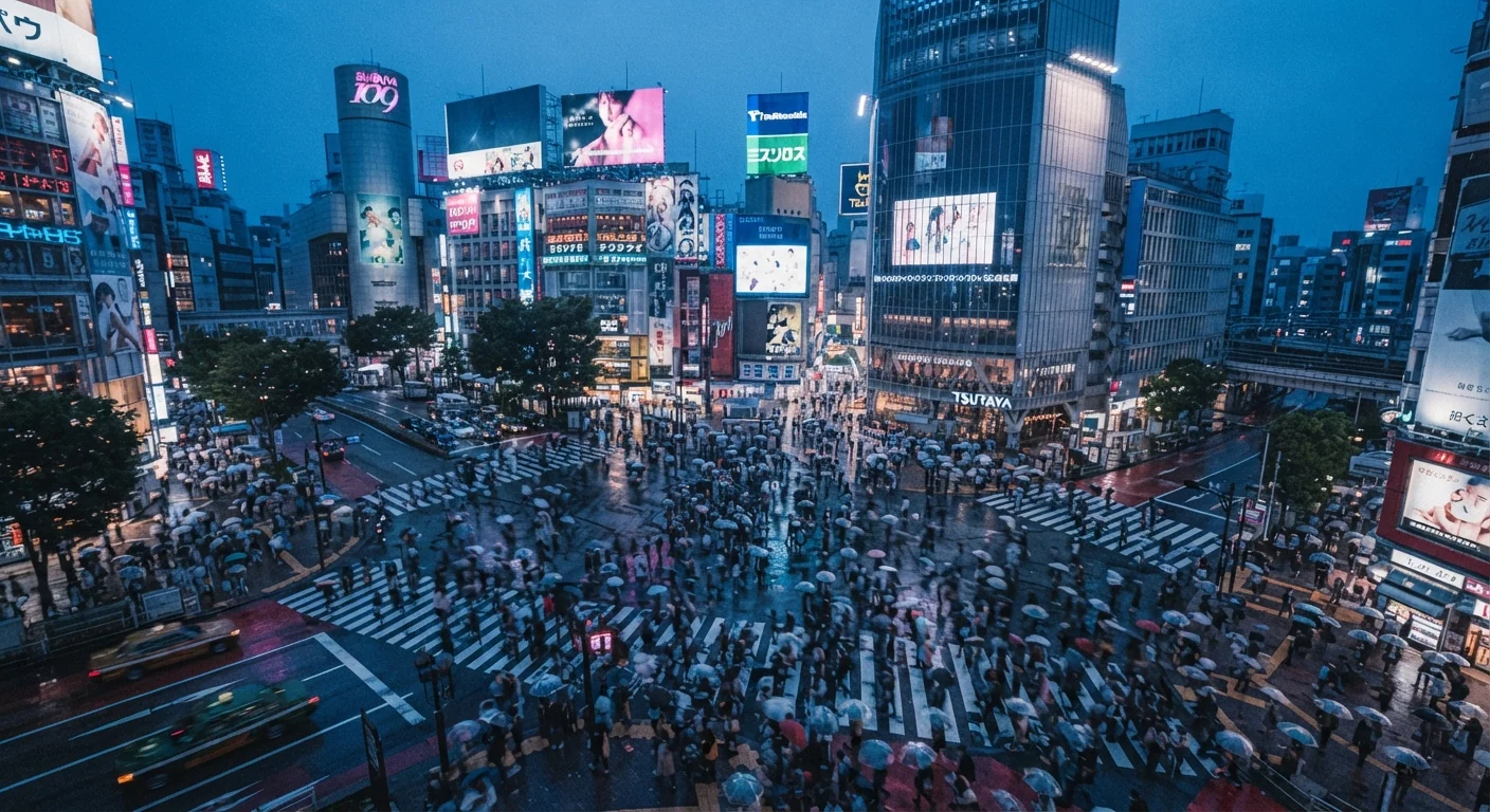 Elevated view of Shibuya Crossing at dusk, hundreds of pedestrians crossing in multiple directions, illuminated storefront screens reflecting in wet pavement, cool blue and neon pink lighting, slightly candid motion-blur on walking figures, urban documentary style.