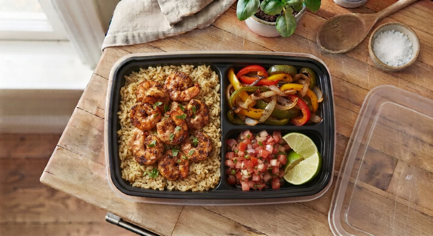 Overhead shot of a shrimp fajita meal prep bowl with seasoned shrimp, sautéed peppers and onions, rice, and lime wedges, warm natural light, vibrant Tex-Mex homestyle food photography composition.