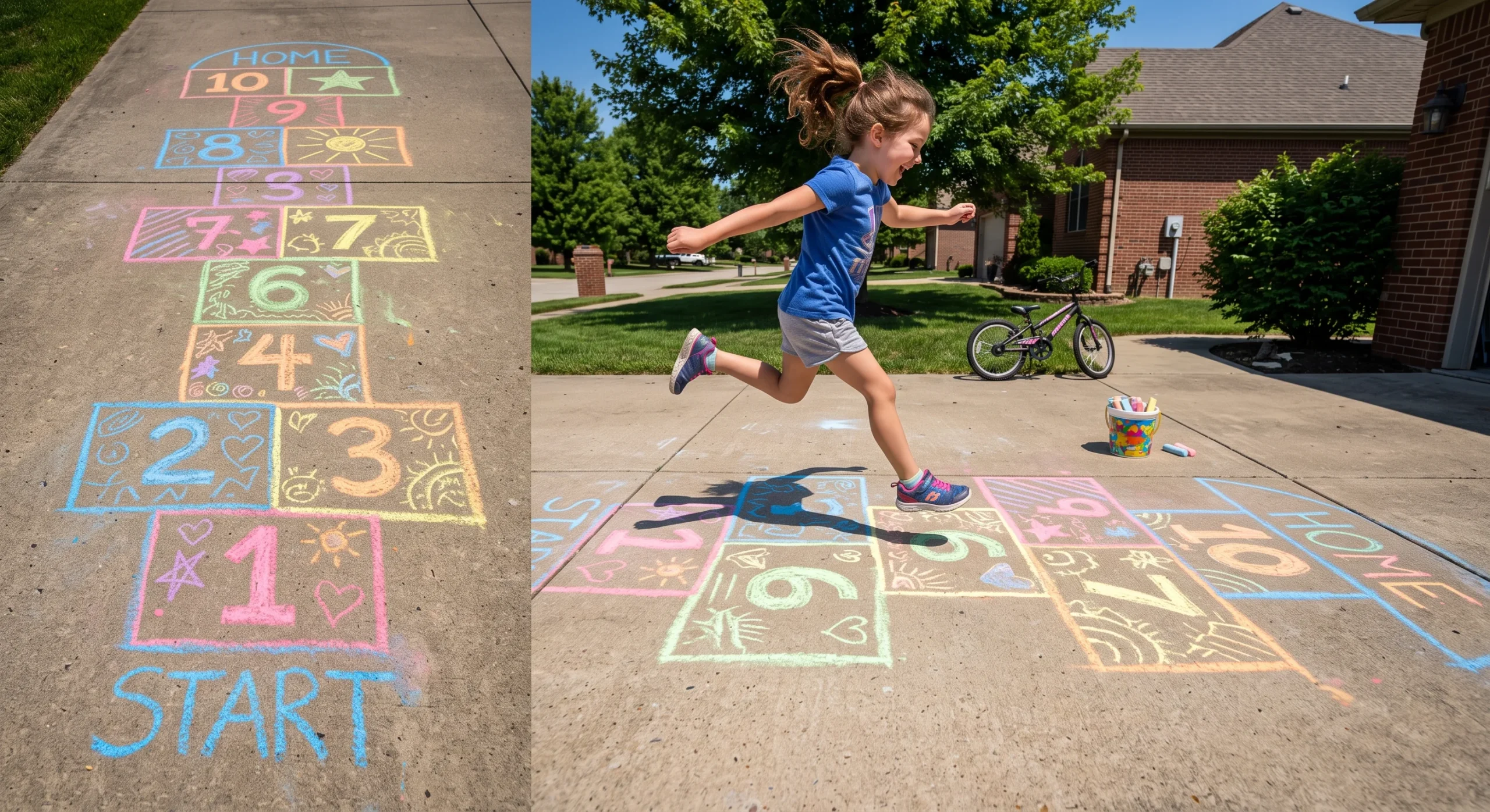 A large hopscotch-style number grid drawn in colorful sidewalk chalk on a driveway, a child mid-jump landing on a number square, bright midday sun, wide shot capturing the full chalk grid and the child's motion.