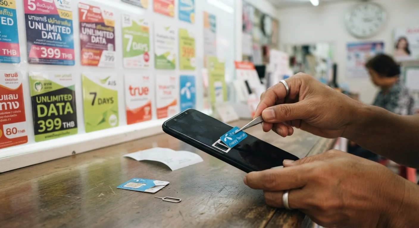 Close-up of hands inserting a local SIM card into a smartphone at a phone shop counter, a display of prepaid data packages on the wall behind, soft fluorescent shop lighting, shallow depth of field, candid transactional composition.