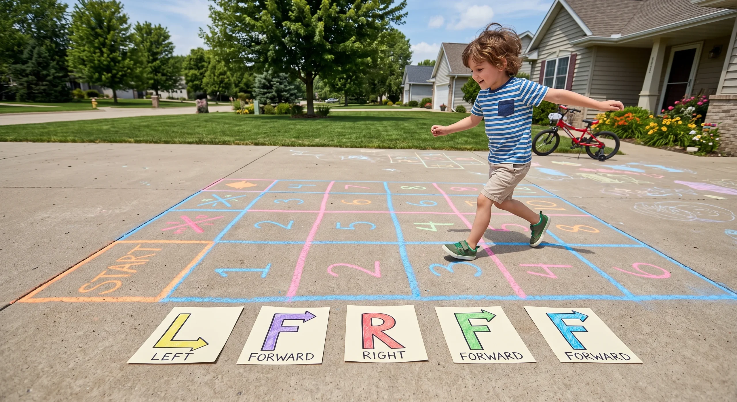 A grid drawn in chalk on a driveway with directional arrow cards laid out beside it, a child following the arrow sequence step by step across the grid, bright midday light, wide shot capturing the full sequence and the child mid-step.