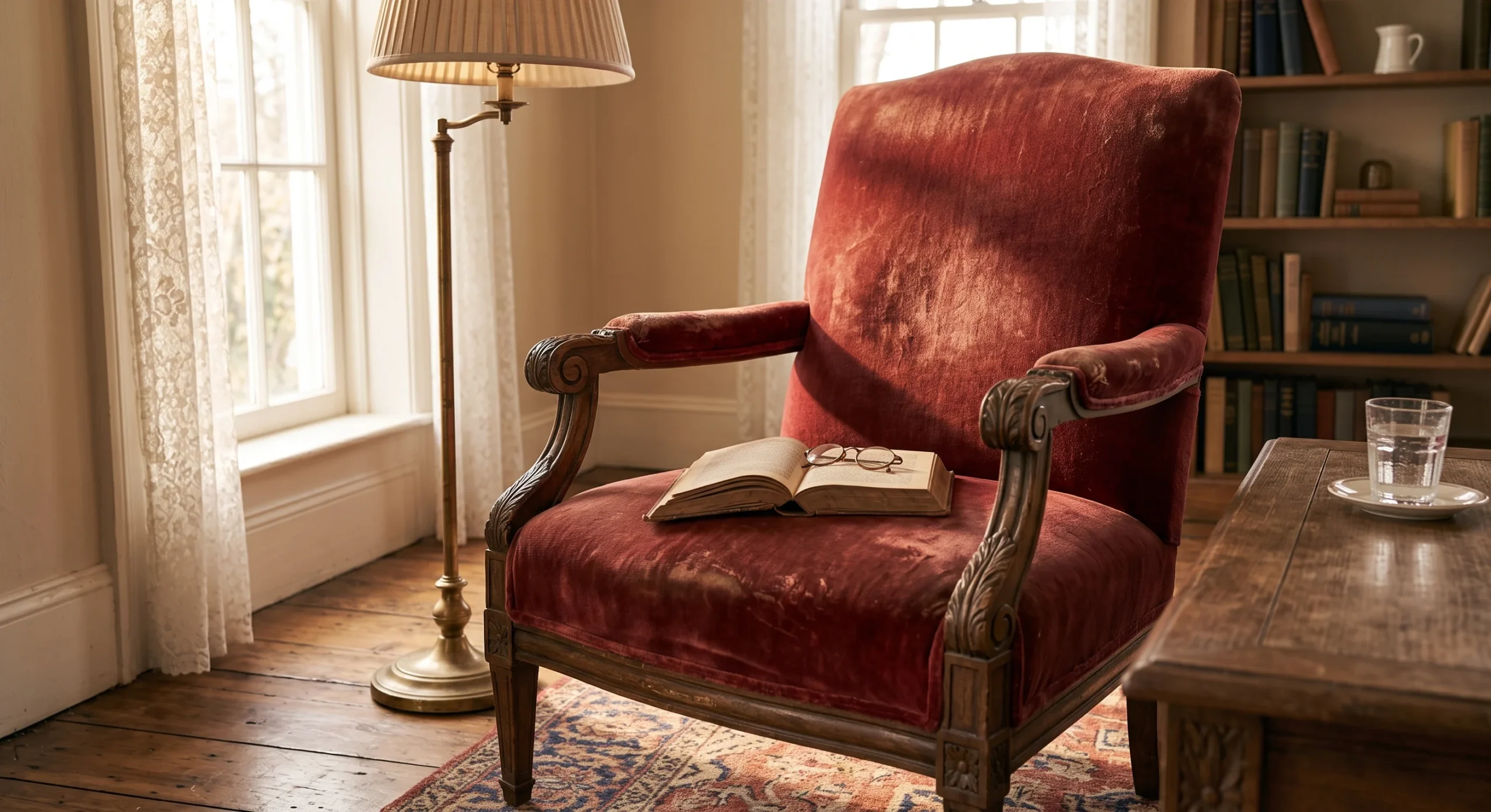 A single upholstered accent chair in a warm terracotta tone positioned near a window, soft natural light, wide shot emphasizing the chair's isolated, intentional placement within an otherwise neutral room.
