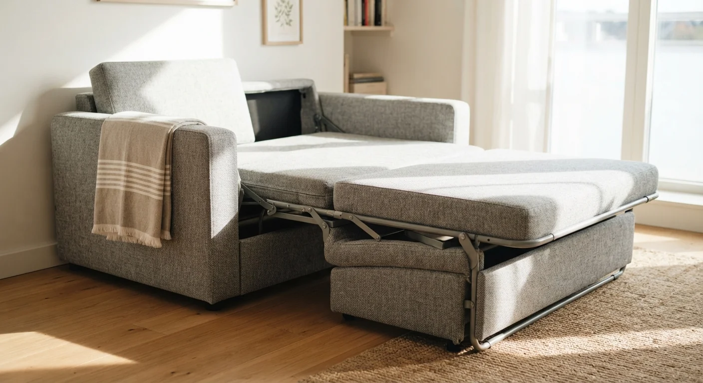 Eye-level shot of a compact sleeper armchair mid-unfold into a single bed, a folded blanket draped over the armrest, bright midday sun casting clean shadows across the fabric.