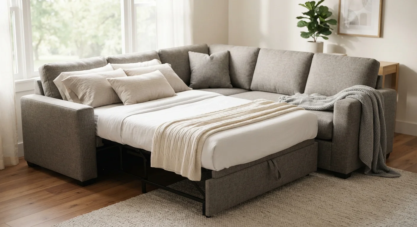 Three-quarter angle shot of a sleeper sectional with the chaise section pulled out into a bed, soft natural window light across a neutral gray upholstery and a folded throw blanket.
