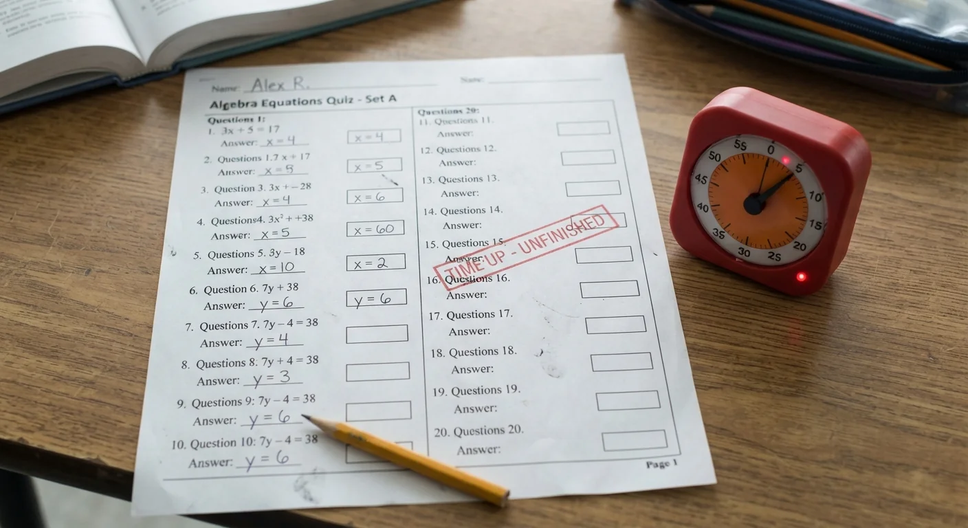 A timed worksheet with only half the problems attempted as a small timer nearby shows time running low, soft overcast daylight, close overhead shot emphasizing the unfinished problems against the ticking timer.