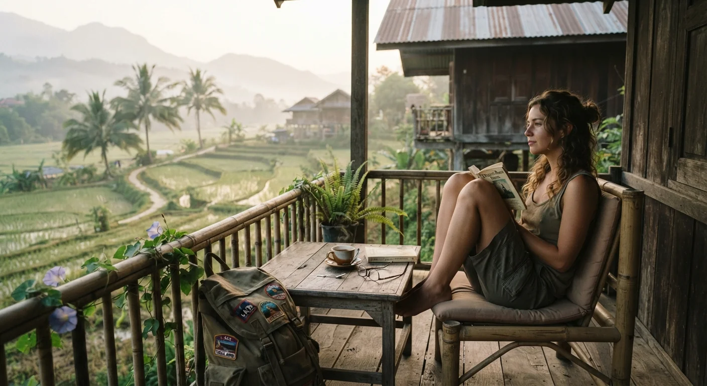 Backpacker relaxing on a guesthouse balcony overlooking a quiet rural landscape, a book and cup of tea on the small table, soft morning light, unhurried peaceful atmosphere, candid documentary composition with no visible rush.