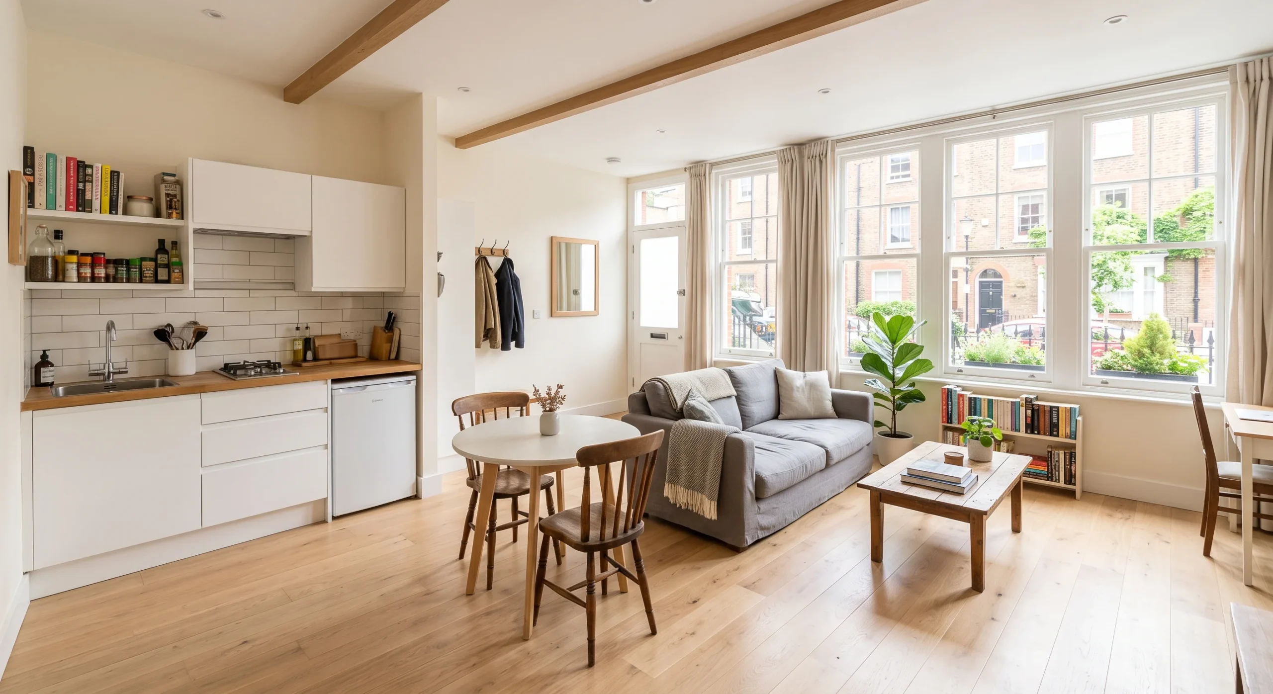A compact studio-sized open floor plan where the kitchen, dining, and living areas flow into one continuous space without a single interior wall, soft daylight, wide shot emphasizing how much larger the space feels without partitions.